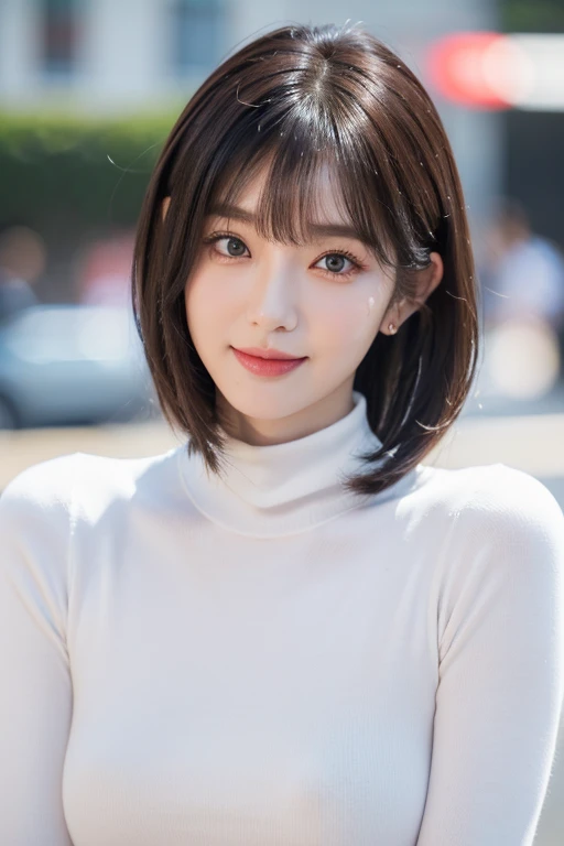 Japanese actress Asami Mizukawa、Transparent beautiful skin、Cool impression with long eyes、speak slowly and carefully、hidden core strength、Black hair suits you、Makeup that is not too flashy、Makeup looks natural too、Beautiful posture、a small face、The nasal muscles are passing through、The corners of the mouth are turned higher than the width of the head、Less than one third of the vertical width of the face、The border between the eyebrows and the base of the nose is deeply concave、The distance between the left and right eyes is、、、narrower than the width of one eye、distance between eyes and eyebrows、Narrower than one vertical width of the eye、The outline is、Oval or long type、The shape of the jaw resembles an upside down 、Hairstyles、natural one-len、(masutepiece, top-quality、high-detail:1.4、Very attractive beauty、Add intense highlights to the eyes、Look firmly at the camera:1.4、A beautiful woman full of charm、Ideal ratio body proportions、Perfect Anatomy、Brunette Short Bob Hair、Lustrous hair、lipgloss),1girl in, 独奏, Light brown shiny hair, muffler,realisitic, looking at the viewers、Tilt your head slightly, Bright colored crystal light blue eyes, short shiny hair、 White turtleneck outfit with a hole in the center of the chest,Sexy white turtleneck knit sweater with a round hole in the middle of the chest、 s lips, lipgloss, The upper part of the body、big eye、Lashes、The face is a little red、Embarrassing)、((italian road in winter、Absolutely beautiful bangs:1.4))、((big eyeのショートヘアー、Put very strong highlights in your students、{Gigantic|Big|Huge|Mega} breasts:1.4、very Bigger breasts、gazing at viewer、Very beautiful beauty、Put your ears out、long neck、little smiling、Beautiful teeth、Open your mouth and smile、Heart-shaped pupil))、28 year old、Very cute supermodel、