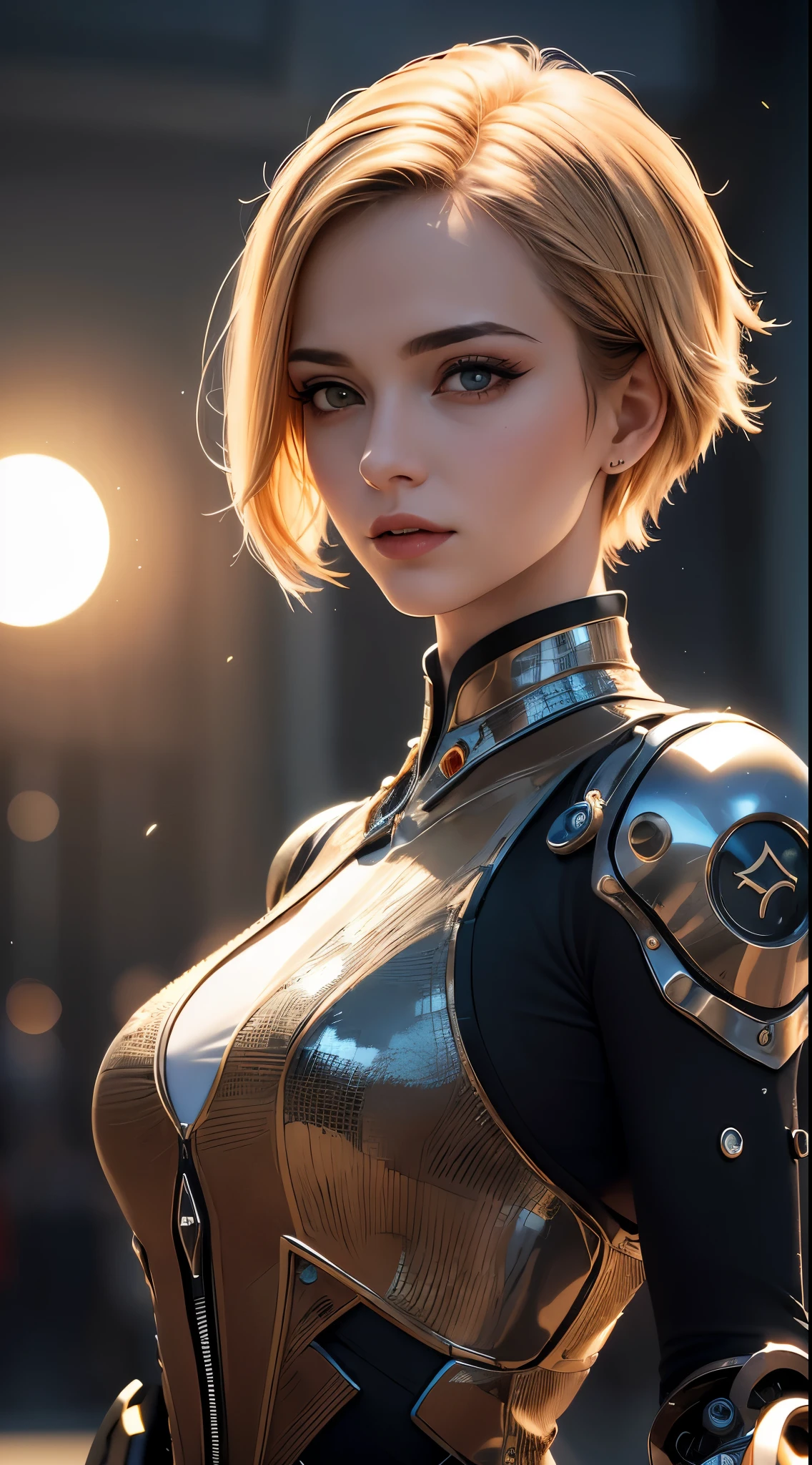 (dentadura da pele:1.5), Realistic, Realistic, (master part:1.5), arte conceitual, detalhes intrincados, altamente detalhado, Realistic, octane rendering, 8k, Motor irreal, dynamic pose, best quality, high resolution, (Realistic face:1.1), (hiper-realismo:1.1), ((cheio_corpo)), olhos perfeitos, (pele brilhante: 1.2), (((penteado))), (((perfect hand)) ), (Antecedentes muito detalhados), ((Dynamic background) ), ((sol)), (Luz), ((1girl)), Handsome, Robot (((Brilliant mechanical form))), ((Olhos detalhados, olhos de alta qualidade, Rosto de alta qualidade)), (Vestido extremamente complexo), cabelos loiros curtos, sol, sollight, ((dramatizado, profundidade de campo, Bokeh, 4k, lo gothic, freixo, Particle