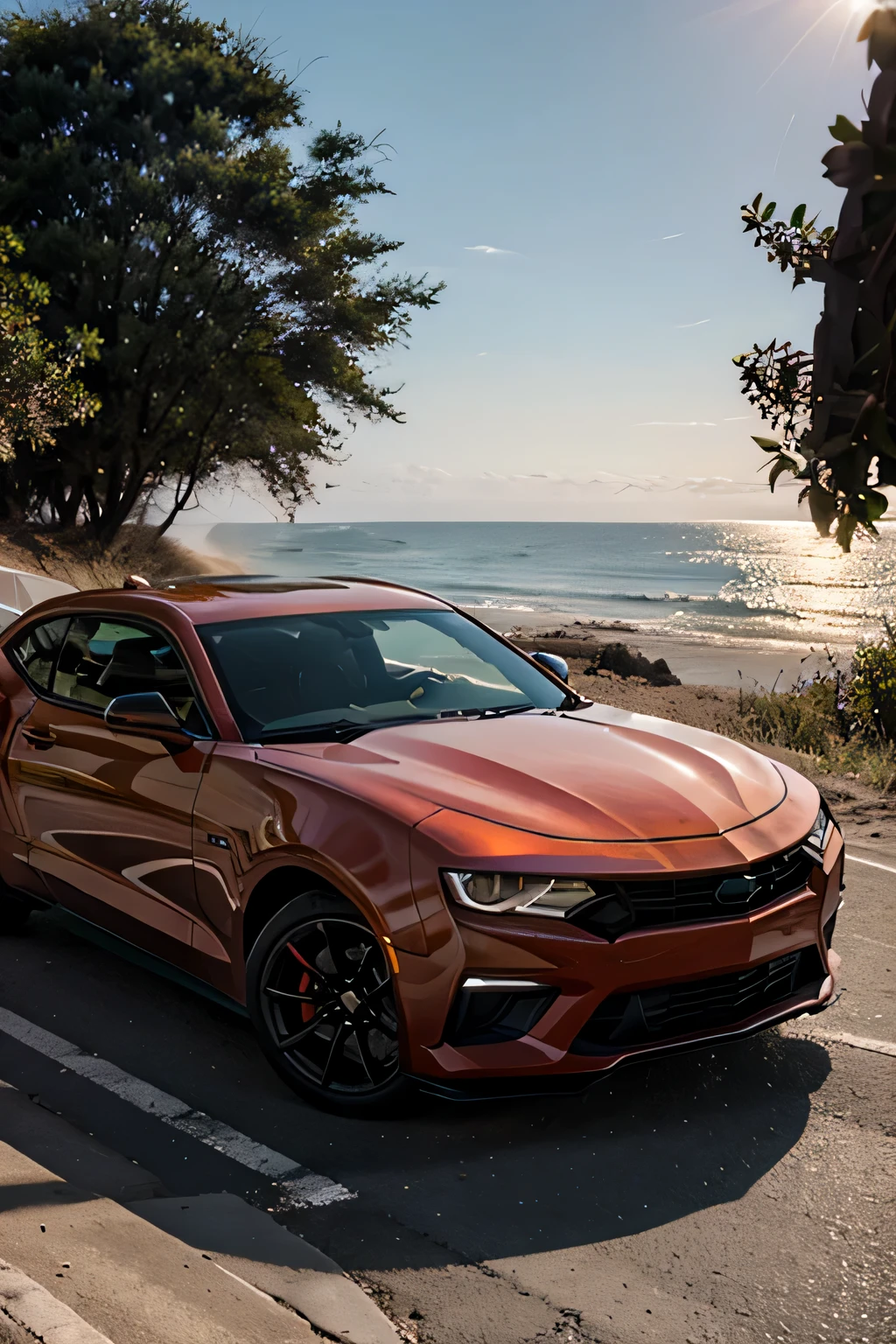 crie um Camaro realista, bem detalhado, com uma pessoa no capo do carro olhando para o nascer do sol na praia,4k,cinema