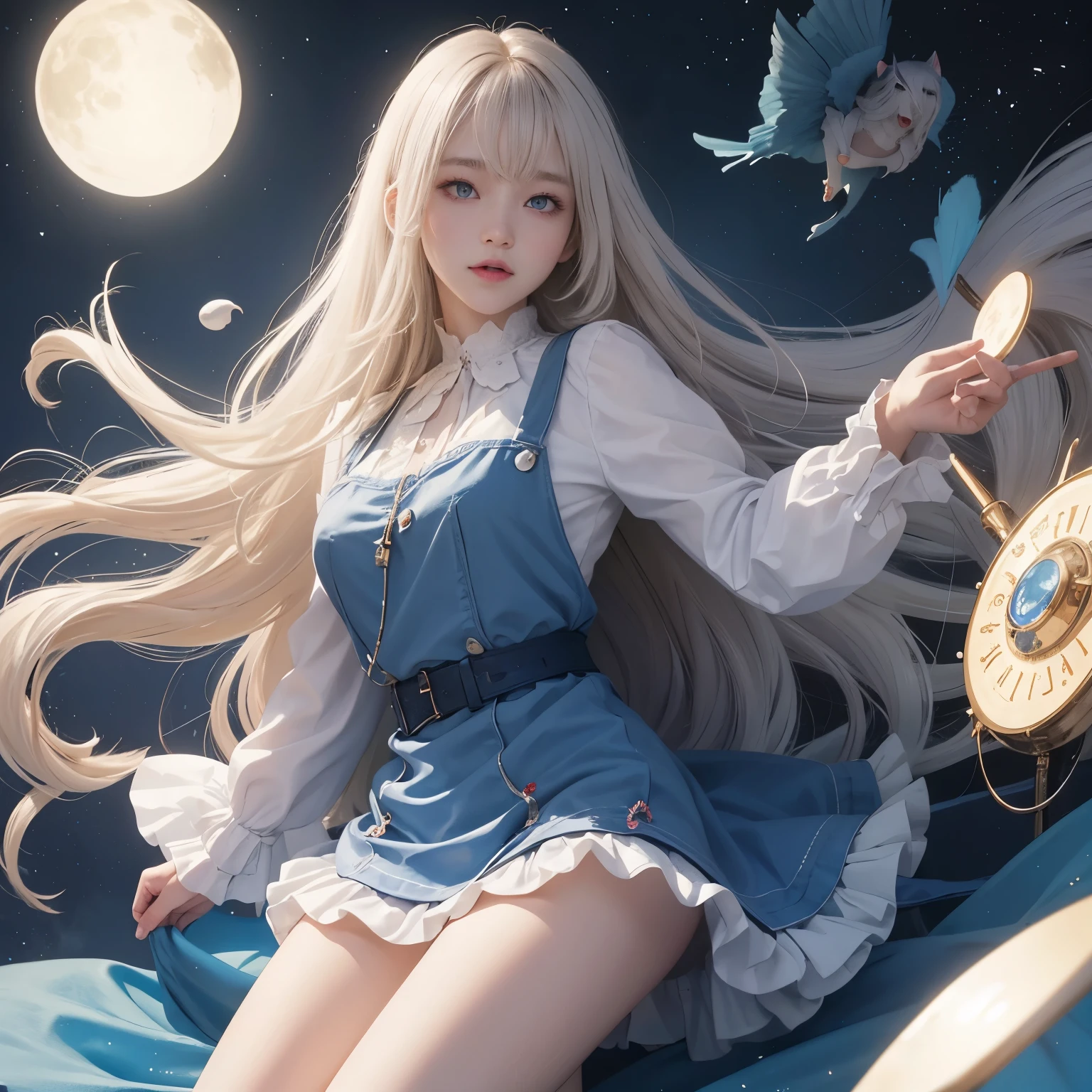 bright expression、photorealisim、top-quality、超A high resolution、a picture、絶妙に美しい北欧生まれの女の子のa picture、Extraordinary beautiful girl、Detailed cute and beautiful face、(pureerosface_v1:0.008)、Beautiful bangs、alice in the wonderland、18year old、Glowing white shiny skin、Flow of hair that extends to the face、Bangs between the eyes、Super long hair、Attractive light and dark platinum blonde super long straight silky hair、finer hair、Attractive glowing beautiful bright clear light blue big eyes、White Apron、Yellow dress、eye liner、Double eyelids、Lush bust、2 girls in、Cat's ears、great laughter、a short skirt、White lace underskirt、Pink panty、
