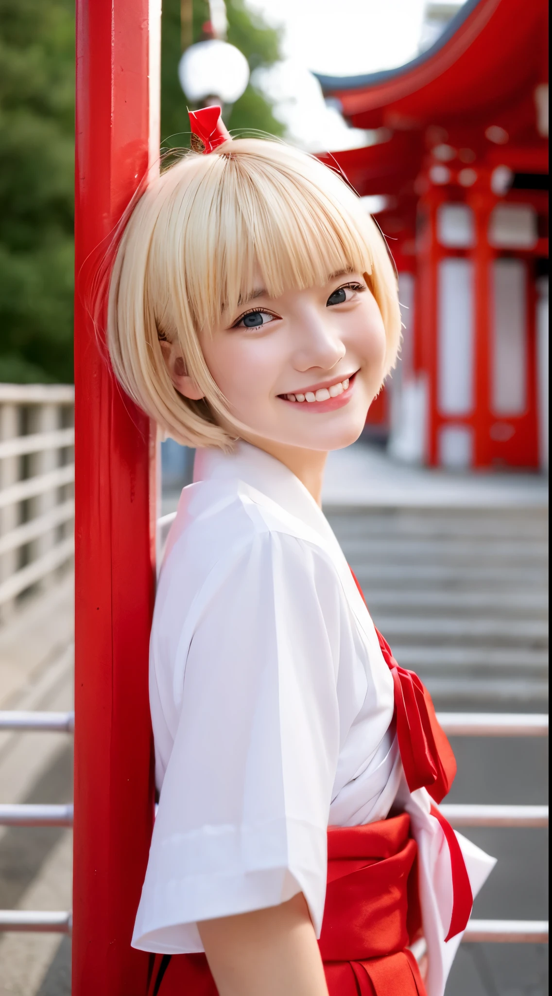 she is a cute shrine maiden、Blonde Short-Cut Hair、smiling red eyes