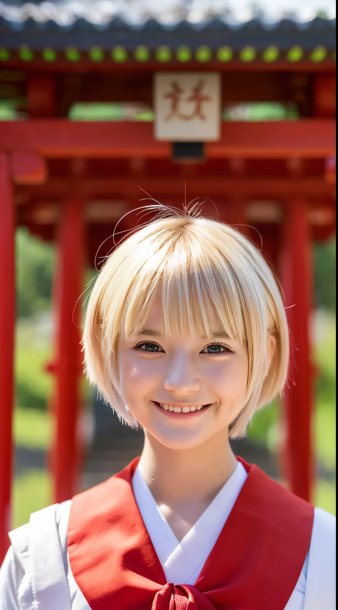 she is a cute shrine maiden、Blonde Short-Cut Hair、smiling red eyes