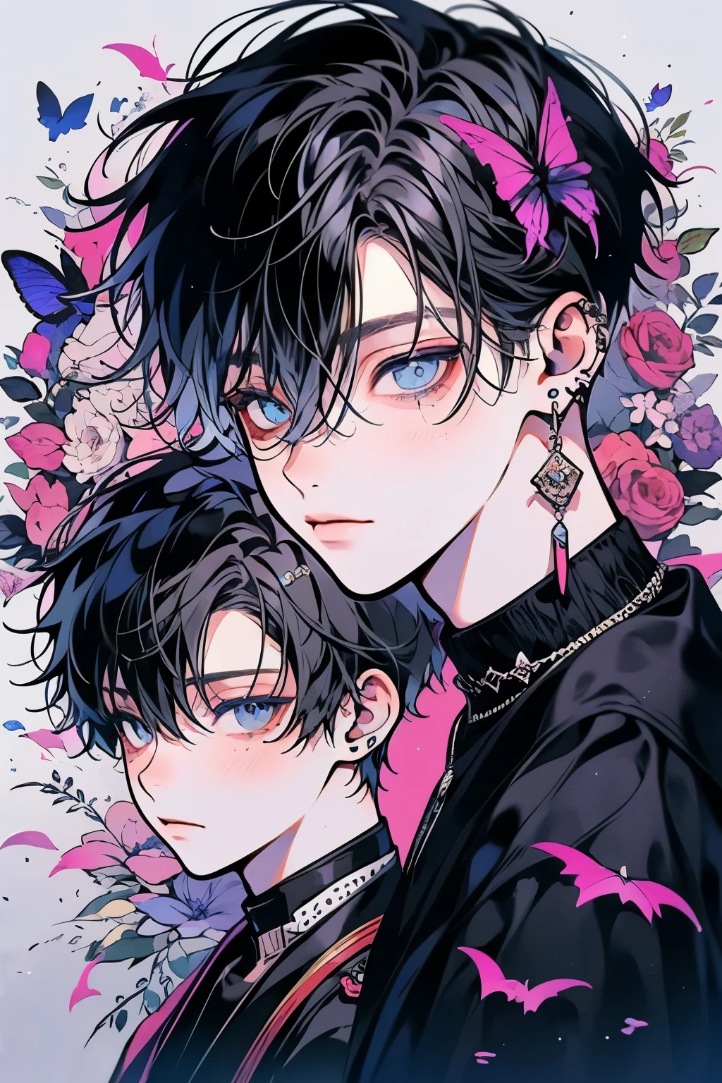 (masutepiece), (Best Quality), Highly detailed, (Two Boys:1.4), Focus,Perfect face, Beautiful face, extra detailed face,(blue eyess:1.3),florals,butterflys々,floralsびら,optic,laugh,(Black-haired boy,White-haired boy:1.4)