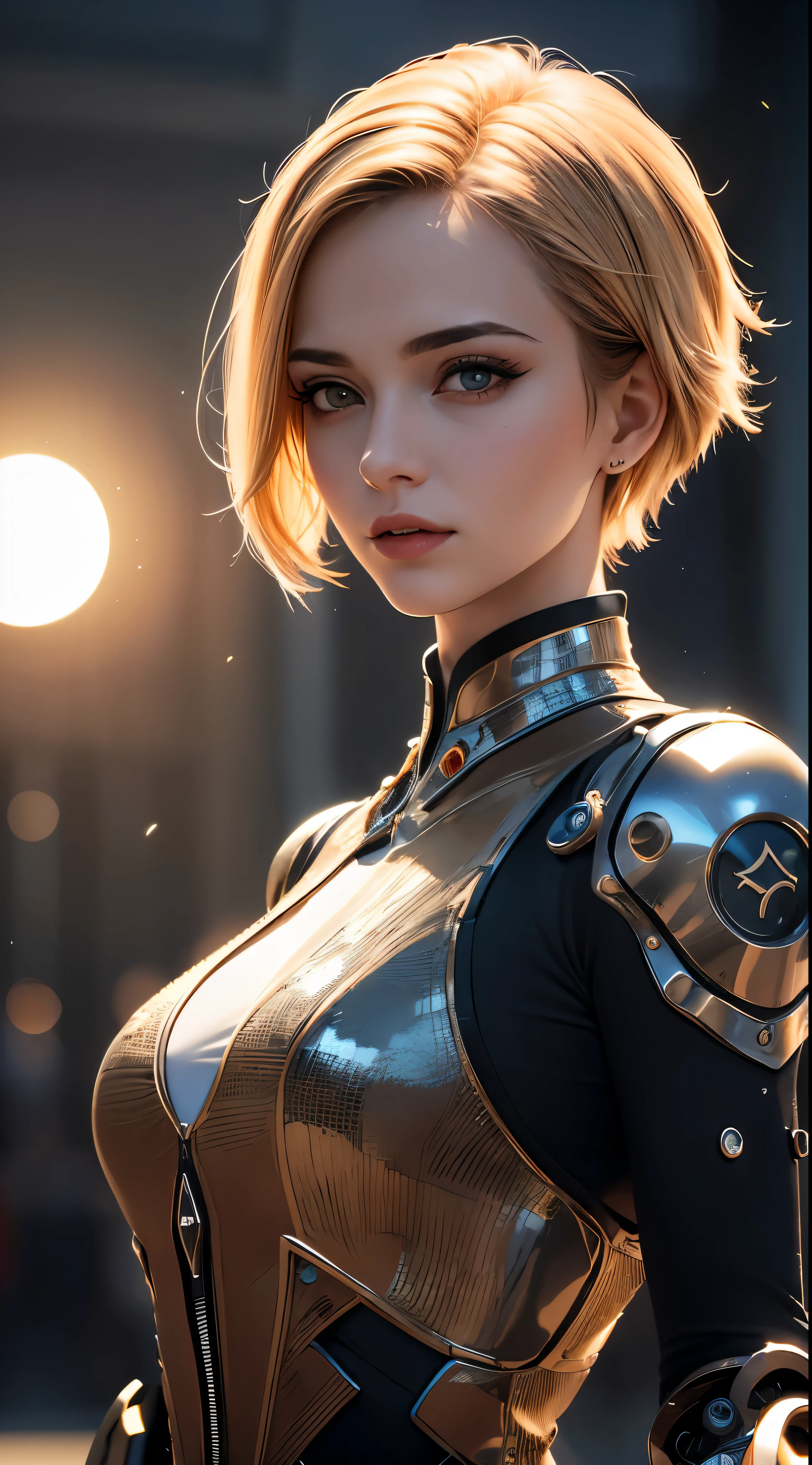 (dentadura da pele:1.5), Realistic, Realistic, (master part:1.5), arte conceitual, detalhes intrincados, altamente detalhado, Realistic, octane rendering, 8k, Motor irreal, dynamic pose, best quality, high resolution, (Realistic face:1.1), (hiper-realismo:1.1), ((cheio_corpo)), olhos perfeitos, (pele brilhante: 1.2), (((penteado))), (((perfect hand)) ), (Antecedentes muito detalhados), ((Dynamic background) ), ((sol)), (Luz), ((1girl)), Handsome, Robot (((Brilliant mechanical form))), ((Olhos detalhados, olhos de alta qualidade, Rosto de alta qualidade)), (Vestido extremamente complexo), cabelos loiros curtos, sol, sollight, ((dramatizado, profundidade de campo, Bokeh, 4k, lo gothic, freixo, Particle