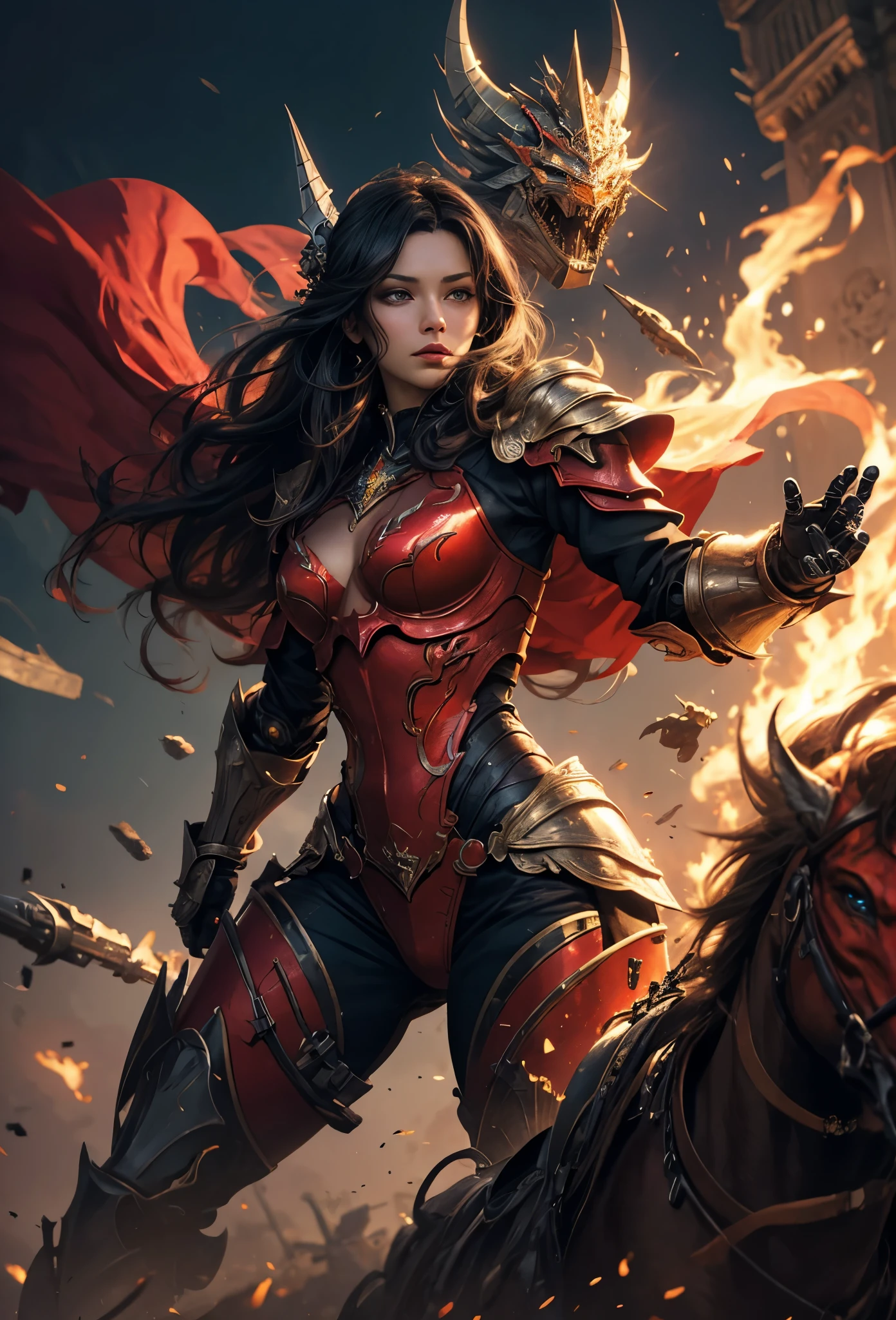 (Detailed illustrations,Very detailed and detailed drawing,Delicate lines with slow and rapid,Realistic texture expression),[Color tressed main line],(Fantasy World Battlefield Background [Burning castle]),((ROBOT GIRL) (red knight [[corinthian helmet]streamline][well-muscled])[WEAPON MACHINE[Princess Knight][[METALFACE]]]),[red dragon armor[scale]][[luxurious embroidered cloak]],[red dragon pattern],[use a sword as a weapon],[[Mobile Weapon Gigant Size][Science Fiction Mechanical]],((gorgeous shiny armor)),(Intricate and beautiful decoration [Dense detail]),[Transparency],[完璧な目のdetaileds (Iris beautifully drawn in every detail)[Jewel-like eyes]],[long and beautiful eyelashes],[Meticulously drawn hair [美しく艷やかな髪のdetaileds]],(完璧な手のdetaileds [Beautiful fingers without breakdowns [Beautiful nails]]),(Perfect Anatomy(Perfectly proportioned))[[Full body like]],[Ideal color coordination(Accurate simulation of light-material interactions)],([Precision Detail](detaileds,high-detail)),[Visual art that conveys a sense of narrative].