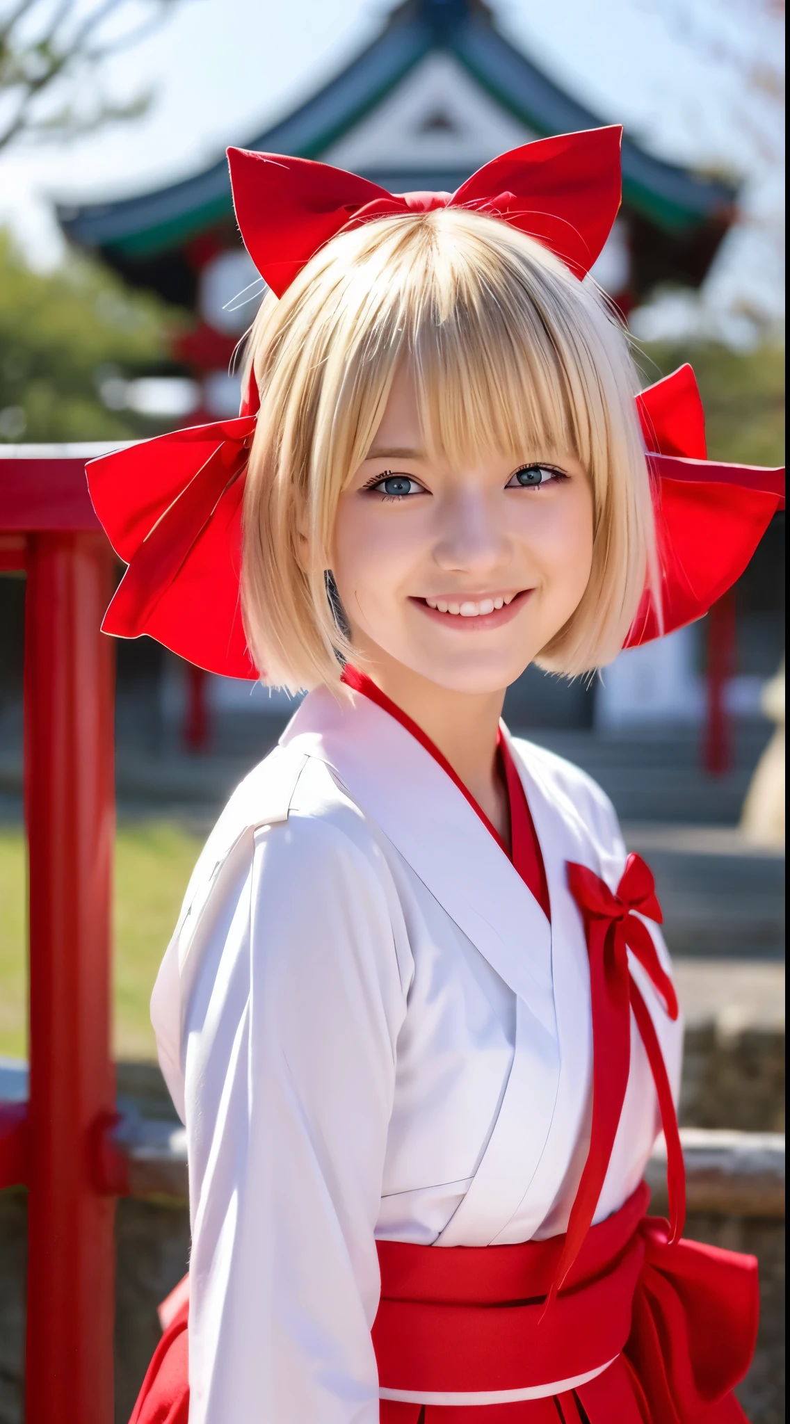 she is a cute shrine maiden、Blonde Short-Cut Hair、smiling red eyes