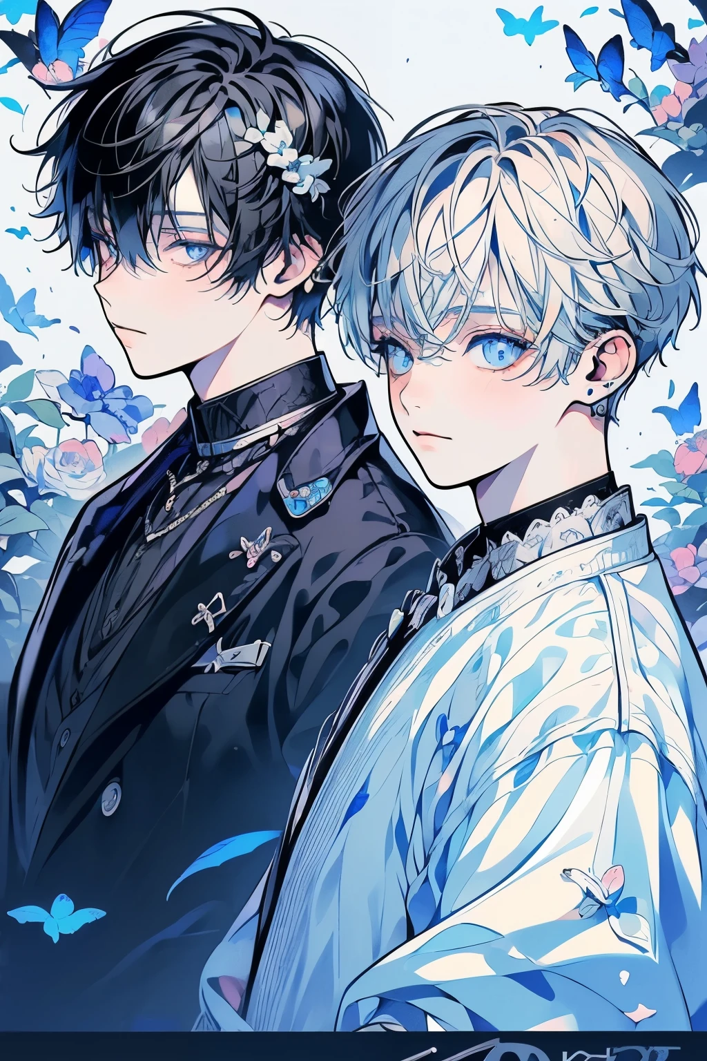 (masutepiece), (Best Quality), Highly detailed, (Two Boys:1.4), Focus，Perfect face, Beautiful face, extra detailed face，(blue eyess:1.3)，florals，butterflys々，floralsびら，optic，laugh，(Black-haired boy:1.4)，(White-haired boy:1.4)