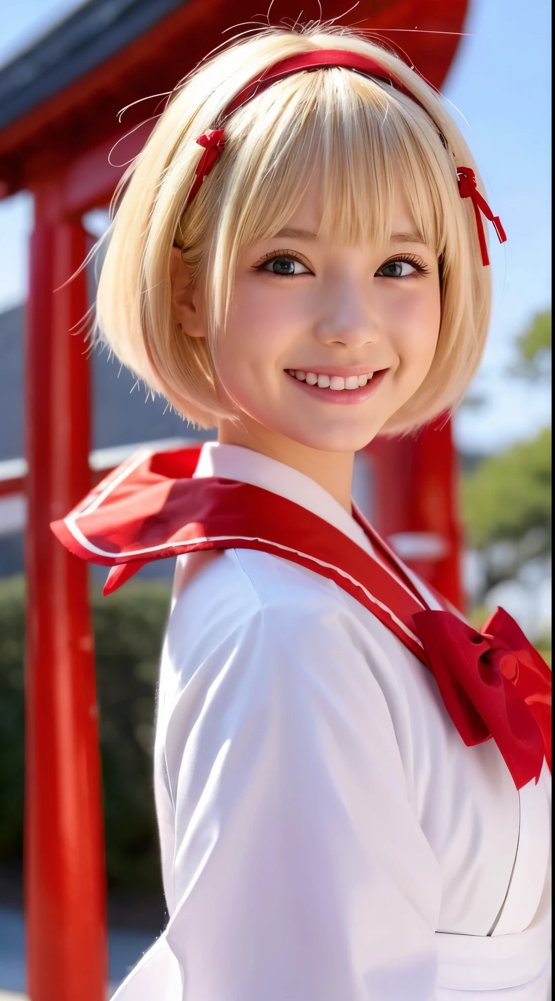 she is a cute shrine maiden、Blonde Short-Cut Hair、smiling red eyes