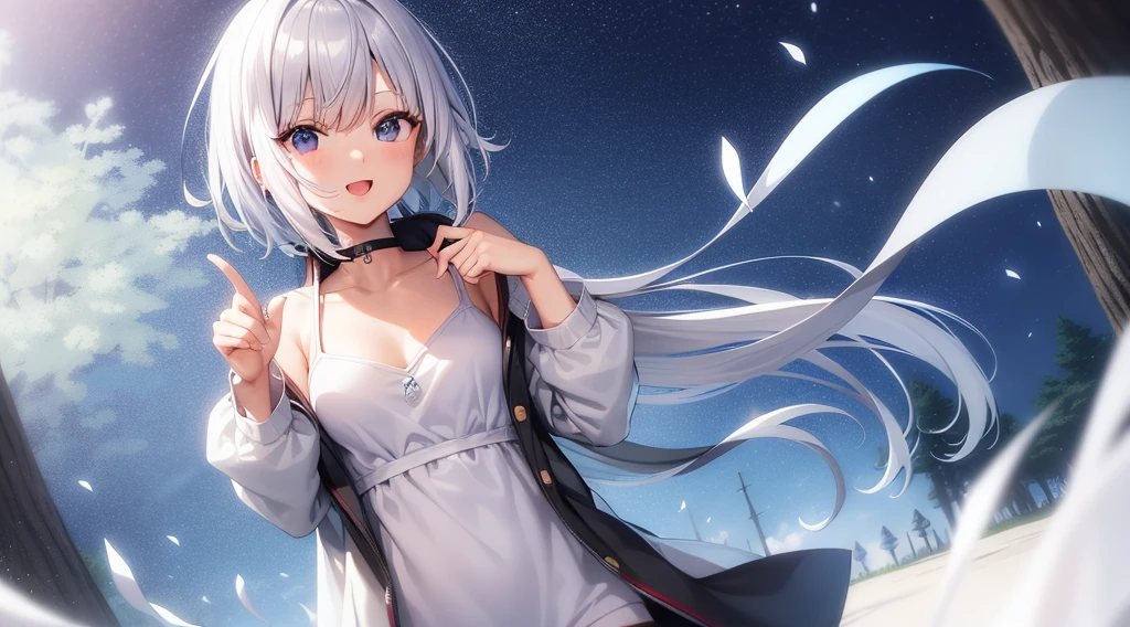 (masutepiece: 1.2, Best Quality), 1 Lady, Solo, silber hair, , Open the collarbone,Shoulder out,Very short hair, long bangs between eyes, blue eyess,Black eyes, Hoodie,White hair, Silver hair, Hoodie, White hoodie、Bright smile、open open mouth、Five fingers spring in the forest、flower field
