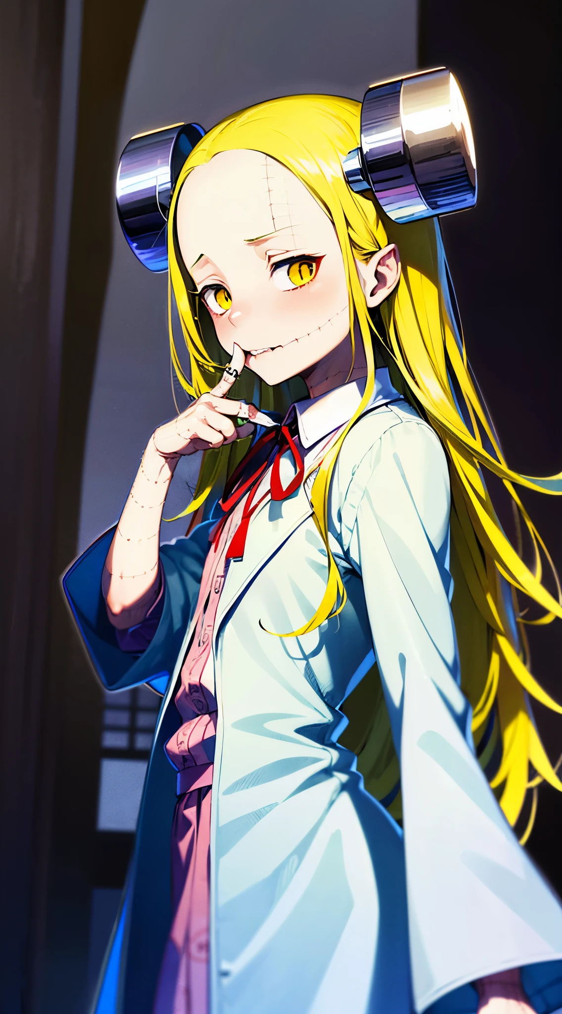 Madaraki_Fran,A girl ,stands,awkward,the madhatter ,white robe ,wrinkles,concerned,((bites his finger)), hairlong , yellow hair,seams , Scars on the body , A creepy look , scary eyes , An intimidating look , creepy smile , bags under eyes, ((((nervous))))