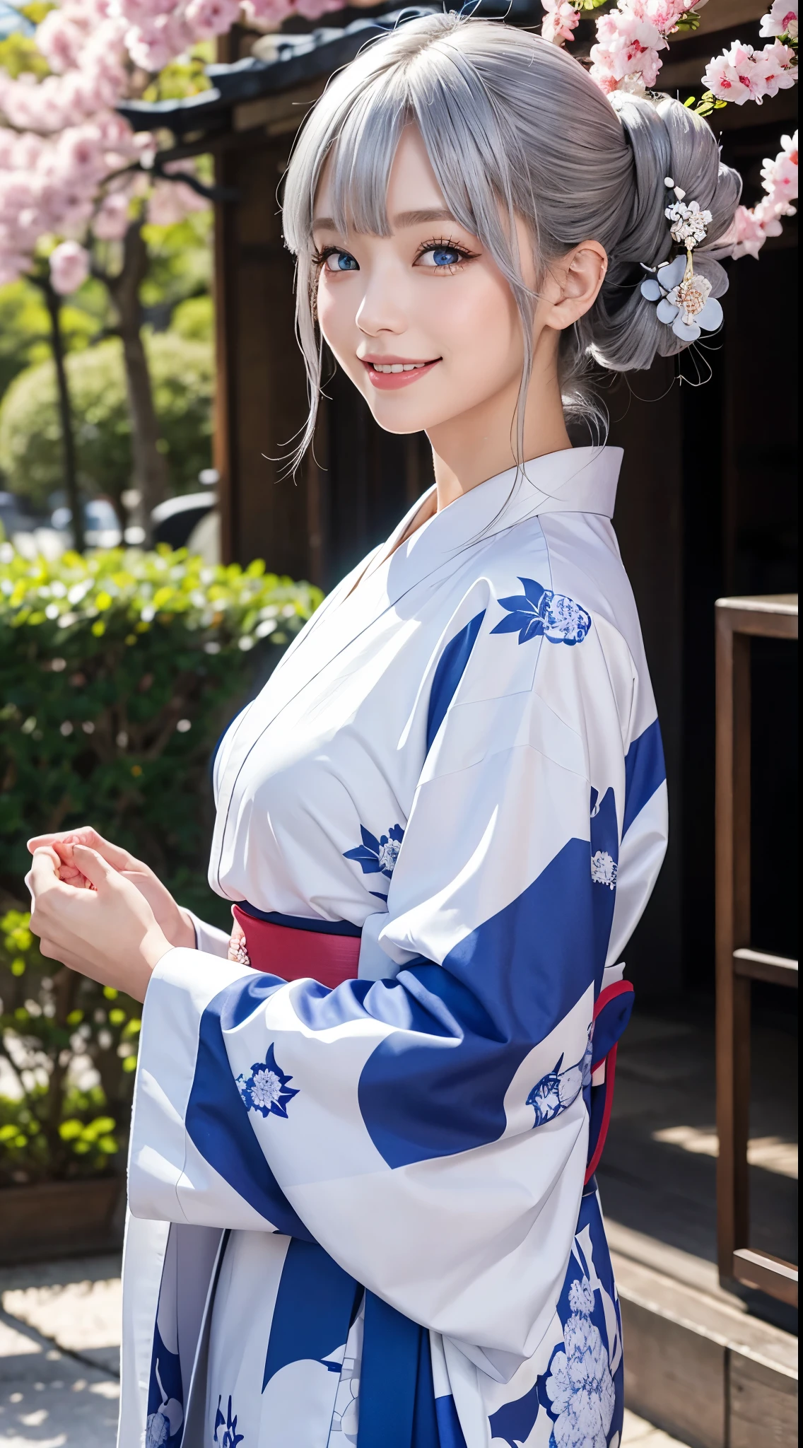 she is a kimono fashion model、Silver-haired shortcut、Blue eyes、a smile、