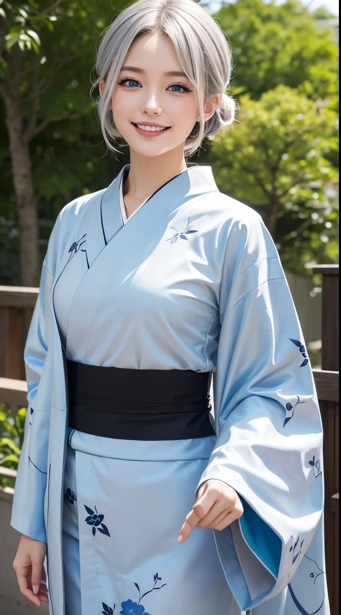 she is a kimono fashion model、Silver-haired shortcut、Blue eyes、a smile、