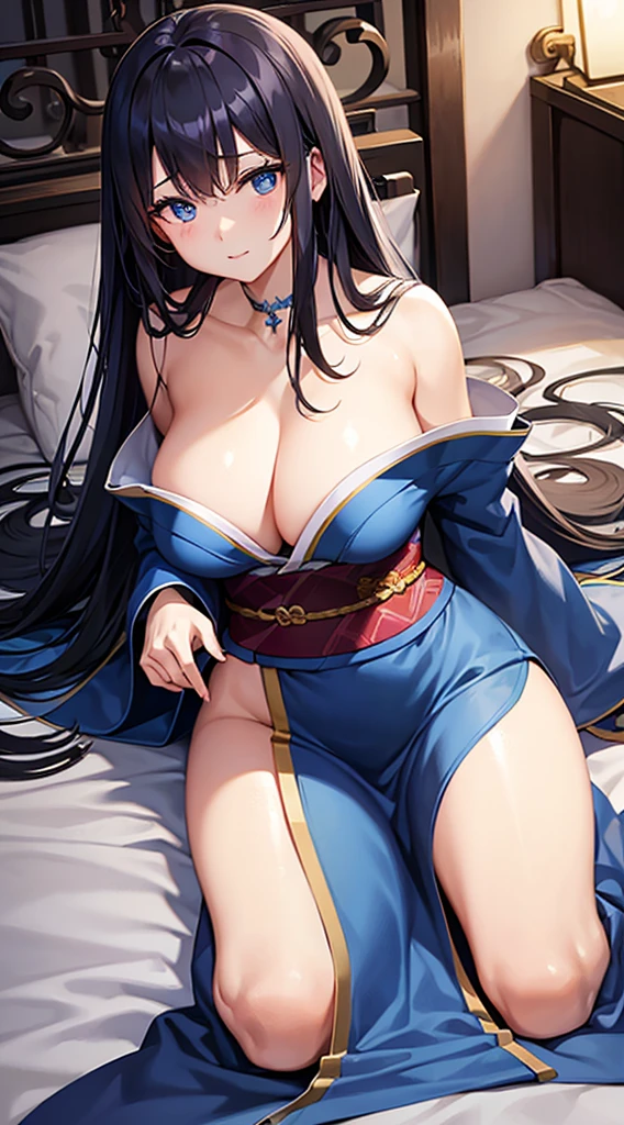 A dark-haired、Long hair that goes down to the waist、Blue eyes、Blue kimono、Beautiful woman with big breasts、A slightly shy face、Being pushed down by the bed、