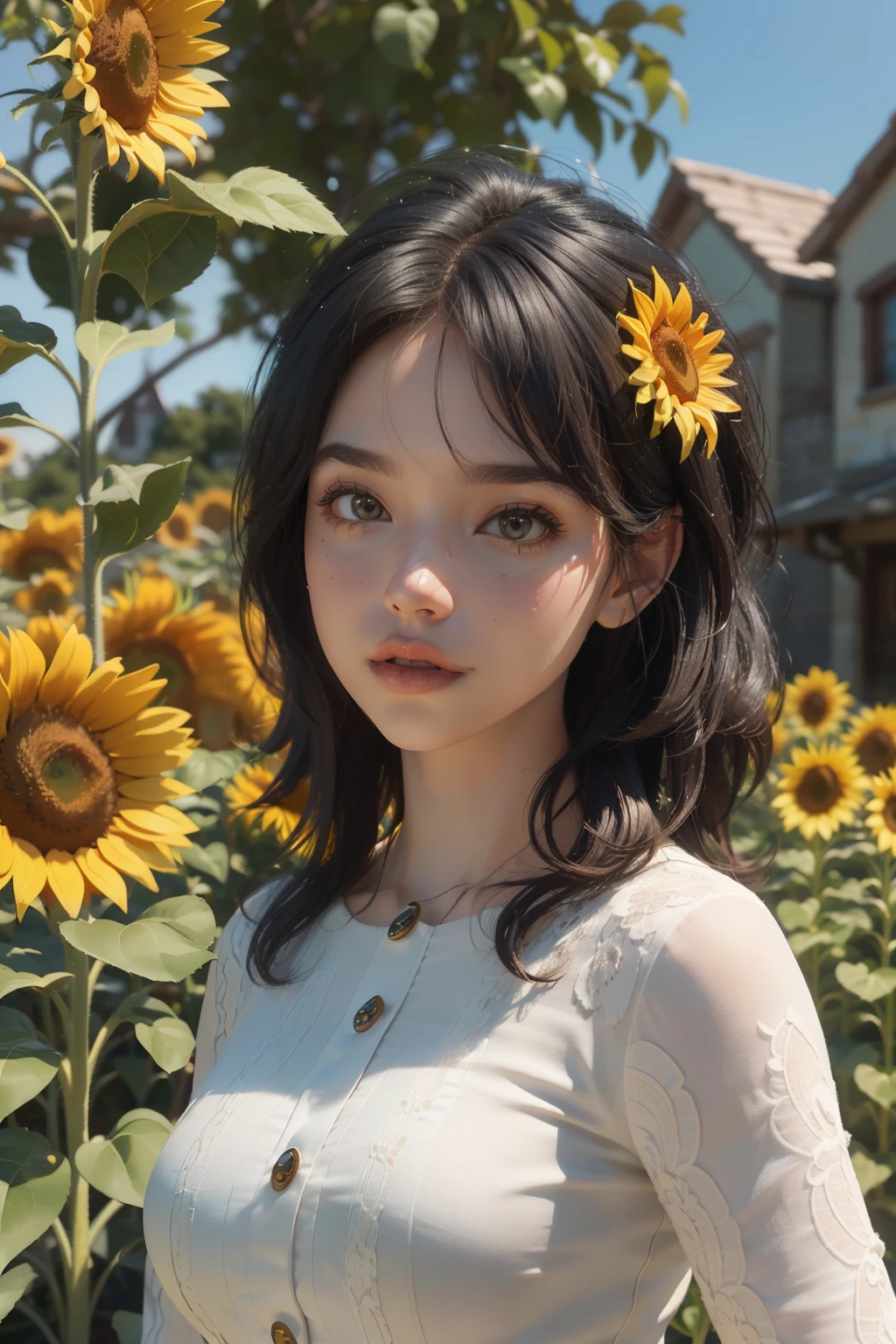 Create a Disney PIXAR style 3D 1 girl with fair skin, dark curly eyes and hair, ((It&#39;s all in Disney PIXAR 3D style, the are In the background, sunflower house, Honor Studio, Garden full of nature 3D rendering RTX clay material, oriented design style, Bubble Mart, gentlesoftlighting, Smooth lines, The spring is tilted, PIXAR 3D Detailed Illustrations, surreal details, Disney PIXAR 3D style warm colors))