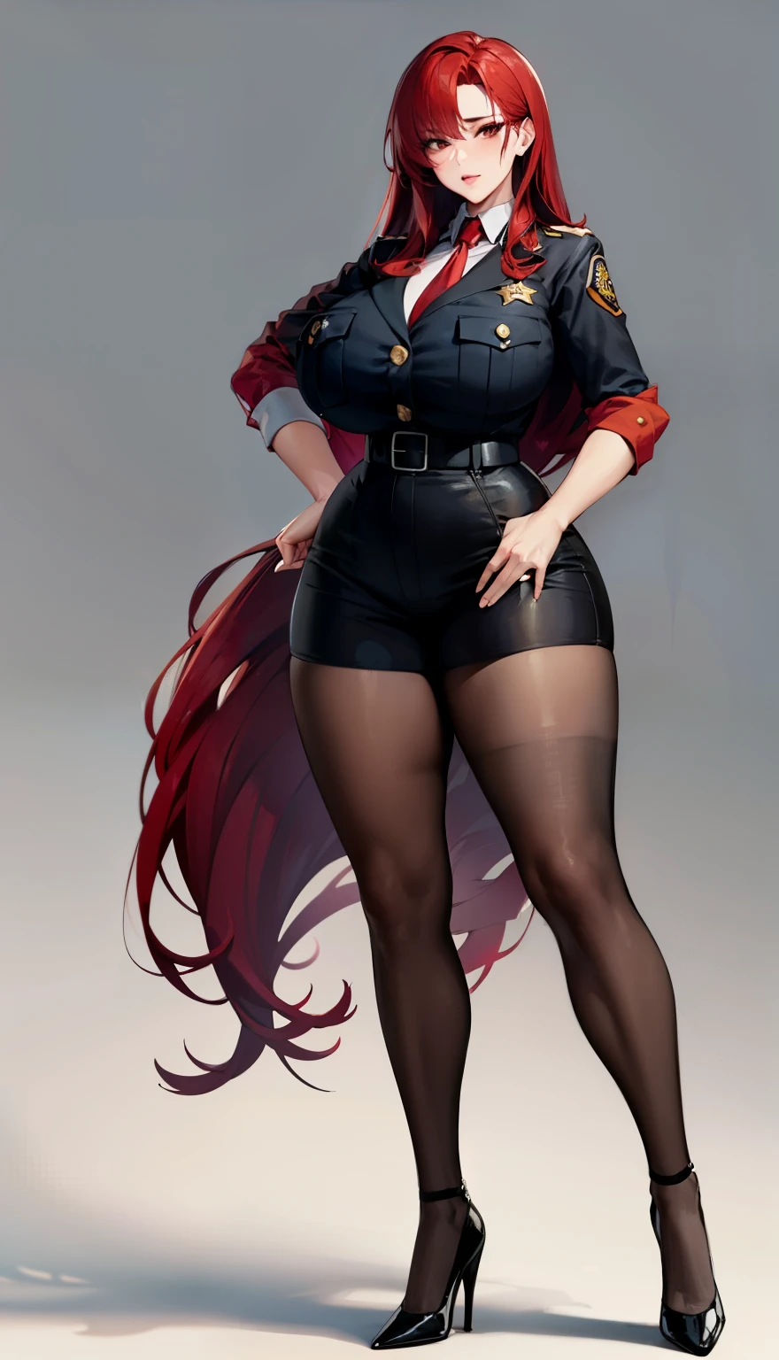 (big breasts, huge breasts, gigantic breasts), SFW, (long ((red hair))), (police officer clothes), curvy, firm breasts, sexy pose, big legs, exposed legs, thick thighs, sexy thighs, thin waist, small waist, perfect figure, full body, high heels