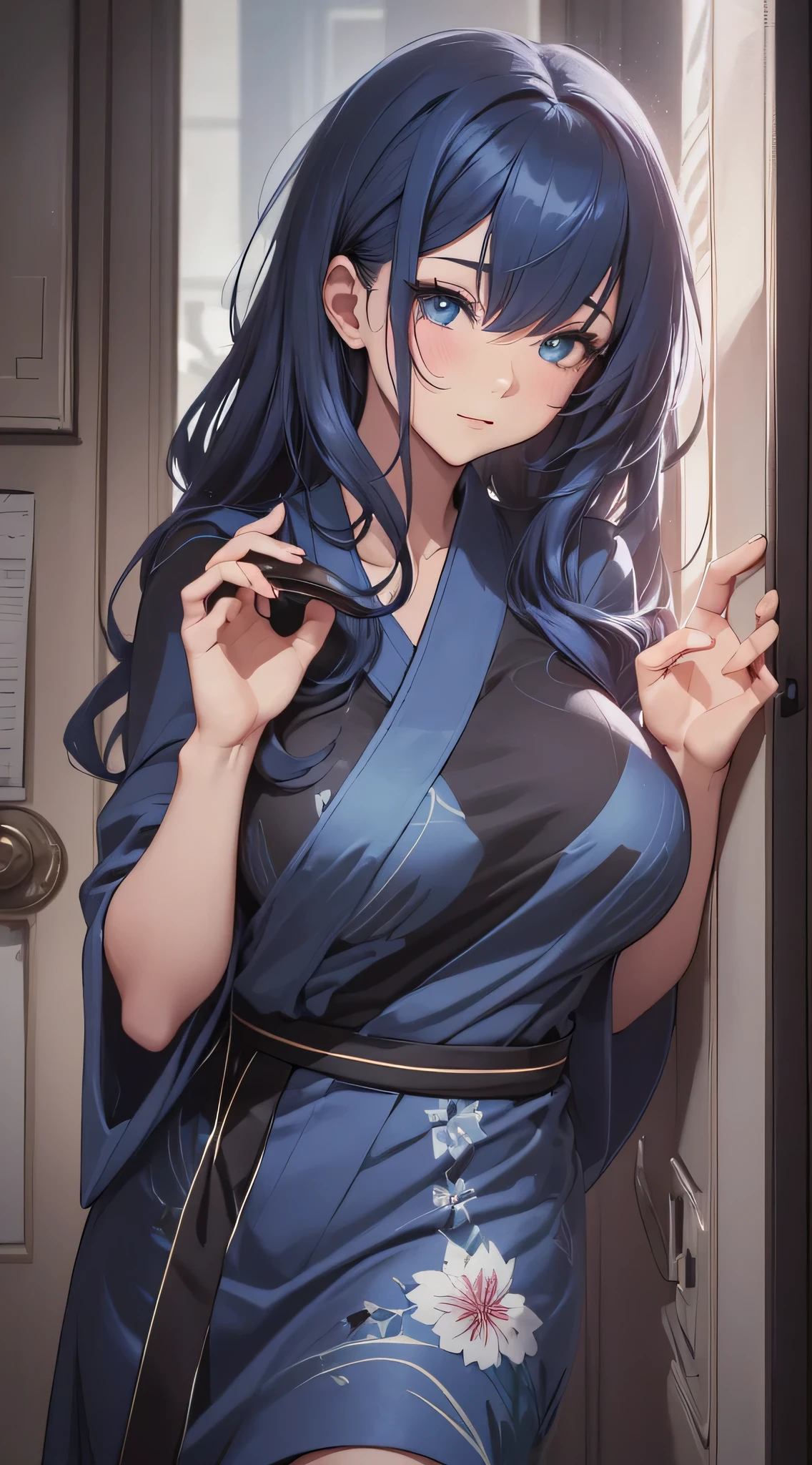 adult girl, Long black hair, Fox ears, blue eyes, black kimono, briefs, open breasts, Smile, tooth, Masterpiece, hiquality