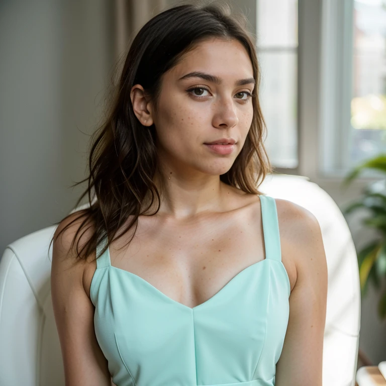 23-year-old hyper-realistic Latin girl with freckles, mood selfie for instagram, Ultra Definition, (photoreallistic: 1.4), 8k, calidad premier, fondos detallados, cara delicada, maquillaje natural, foto raw, iphone, HDR, Coqueteando con el espectador, elegant dress, dress, elegant restaurant