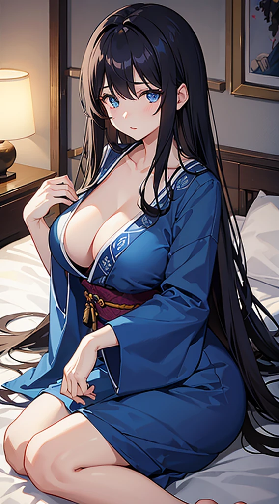 A dark-haired、Long hair that goes down to the waist、Blue eyes、Blue kimono、Beautiful woman with big breasts、A slightly shy face、Being pushed down by the bed