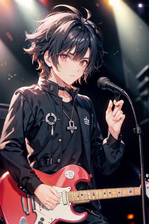 A navy haired handsome male rocker with silver eyes is playing guitar on the stage