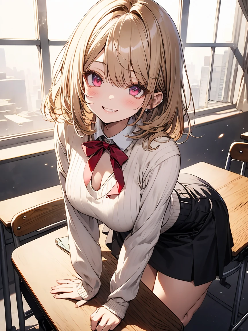 ((One Womanはスカートを手で持ち上げてパンティを見せている:1.4), (One Woman:1.2), ((highest quality)), (Very detailed), (Very detailed CG 統合 8k 壁紙), Very detailed, High resolution RAW color photos, Professional photography, (Beautiful big breasts), brown hair, ponytail, Great face and eyes, Slender body, (amazingly beautiful woman) (School classroom,During class:1.3), (Idol Style , (Open blazer:1.2), White shirt, check skirt, (Red ribbon at collar:1.1)) , (I flip up my skirt myself, Small area panties, Pink stylish lace panties with embellishment:1.4), Exact number of arms, Exact number of legs, Perfect Anatomy, (Embarrassed expression, turn one's face to the side, White Breath), Angle from right diagonally forward,(Holding the skirt in the hands:1.5)