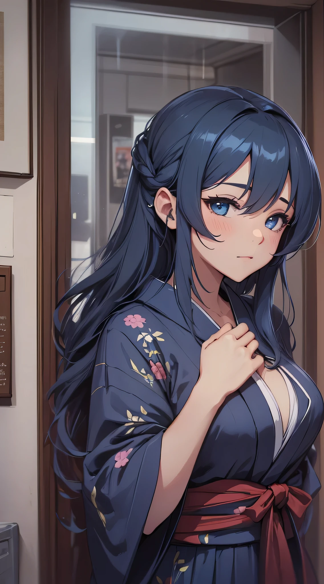top-quality、Top image quality、masterpiece、teens girl((18year old、 Ager、Best Bust、Medium bust,wide open breast tea、light blue eyerest, Black and light blue hair、A slender,Large valleys、dye one's cheeks red、disheveled black yukata、stand up、Being drunk、Bright red in the face、Disheveled clothes、wave her hand、goodbye)),hiquality、Beautiful Art、Background with((In front of the entrance of the inn))masutepiece、depth of fields、movie、