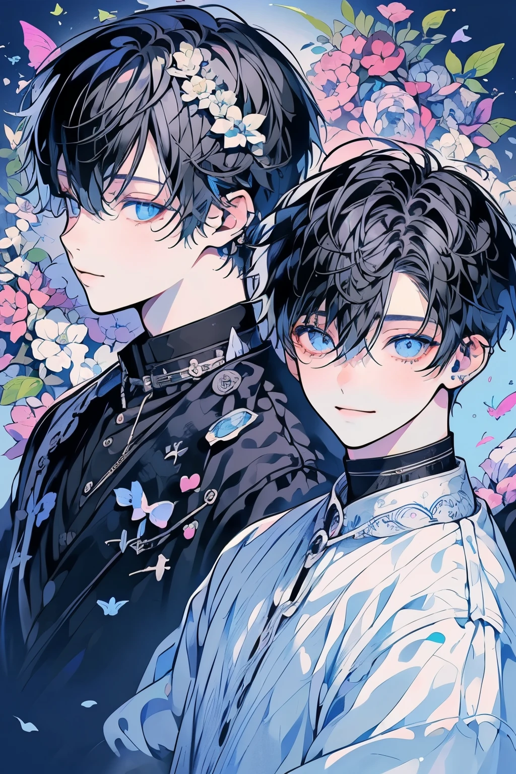 (masutepiece), (Best Quality), Highly detailed, (Two Boys:1.4), Focus，Perfect face, Beautiful face, extra detailed face，(blue eyess:1.3)，florals，butterflys々，floralsびら，optic，(a smile:1.3)，(Black-haired boy:1.4)，(White-haired boy:1.4)