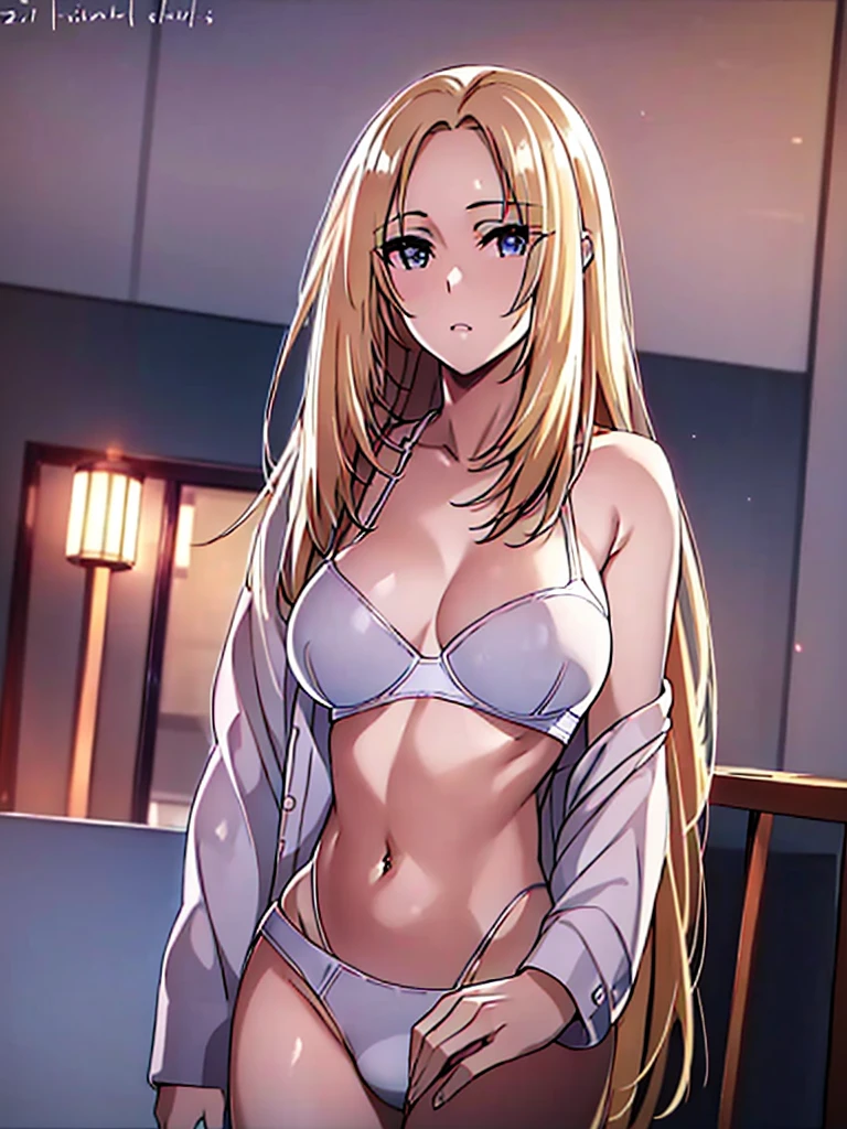 8K, Best Quality, masutepiece:1.2), (Realistic, Photorealsitic:1.37) , 1girl with, (Morning Time), Detailed face, Detailed eyes、masterpiece, top-quality, girl with、一人のgirl with、Slender woman、a blond、Blonde hair、エロ、Lower body naked、underpants、panties on、undergarment、bra very