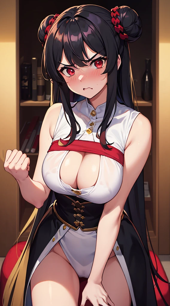 (((masterpiece))), best quality, 16k, 32k, close up, (((1girl ,girl spread legs))),(ultra cute face, nose blush, perfect eyes, bun hair, golden hair),(((girl,embarrassed, panicking,angry,pleasant sensation))), angry, confused,hands up,clothes, ((large chest)), (girl,short panties), ((standing, leaning forward )), pov face, from above,looking at viewer up,(best quality:1.2), (solo:1.3),(1girl, 18yo:1.3), (long straight hair:1.2),(hair black:1.3),(red eyes:1.2),