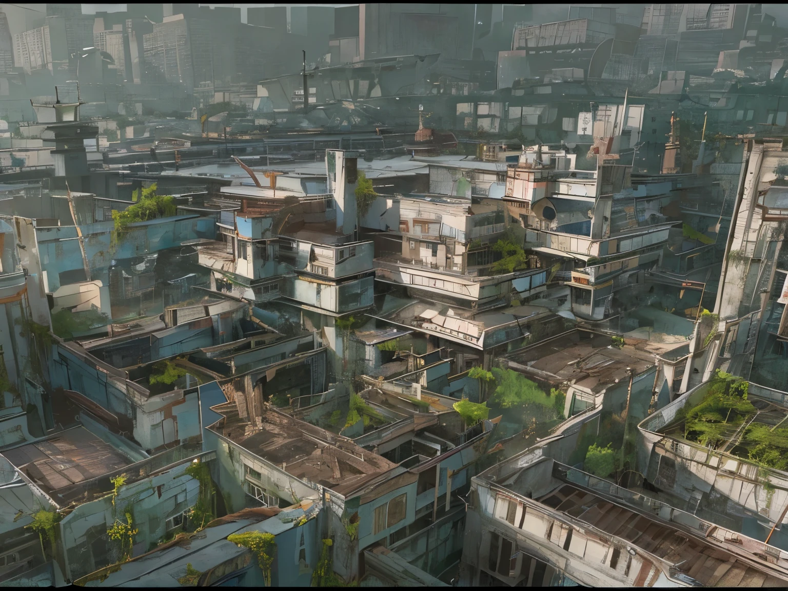 abandoned modern city,Best quality, tmasterpiece, 超高分辨率,A lot of detail,without humans,Desolate,Moss and weeds,run-down