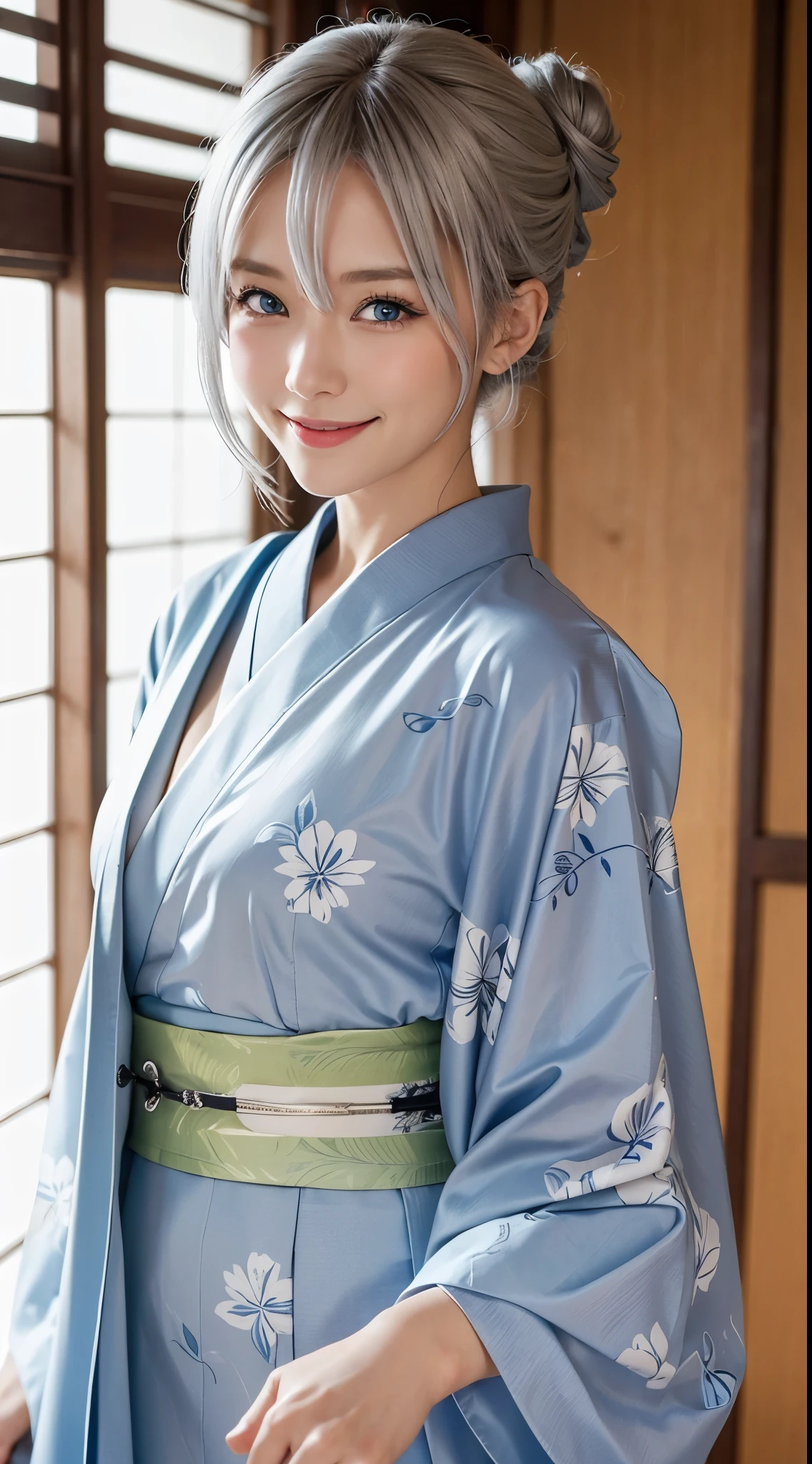 she is a kimono fashion model、Silver-haired shortcut、Blue eyes、a smile、