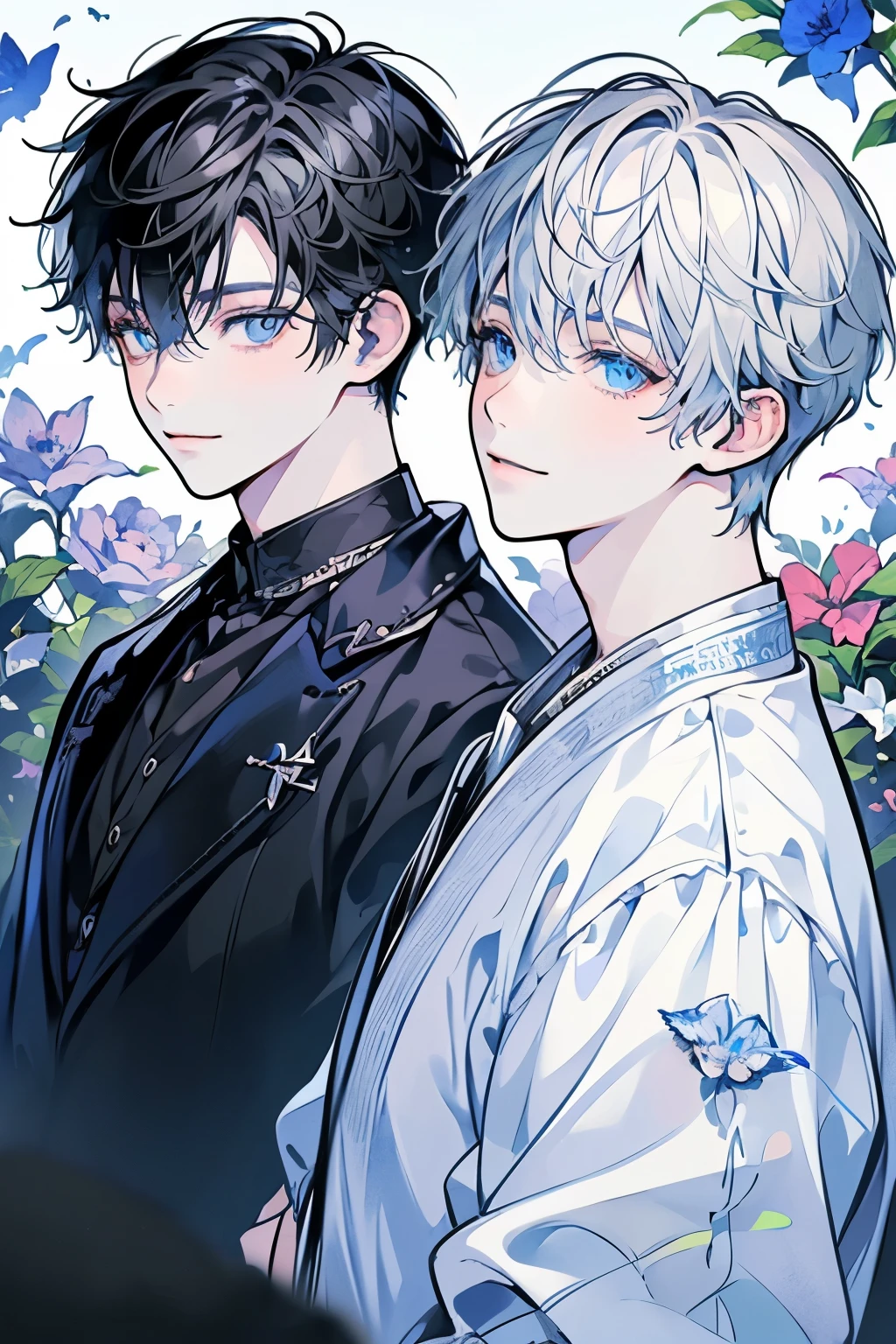 (masutepiece), (Best Quality), Highly detailed, (Two Boys:1.4), Focus,Perfect face, Beautiful face, extra detailed face,(blue eyess:1.3),florals,butterflys々,floralsびら,optic,(a smile:1.3),(Black-haired boy:1.4),(White-haired boy:1.4)