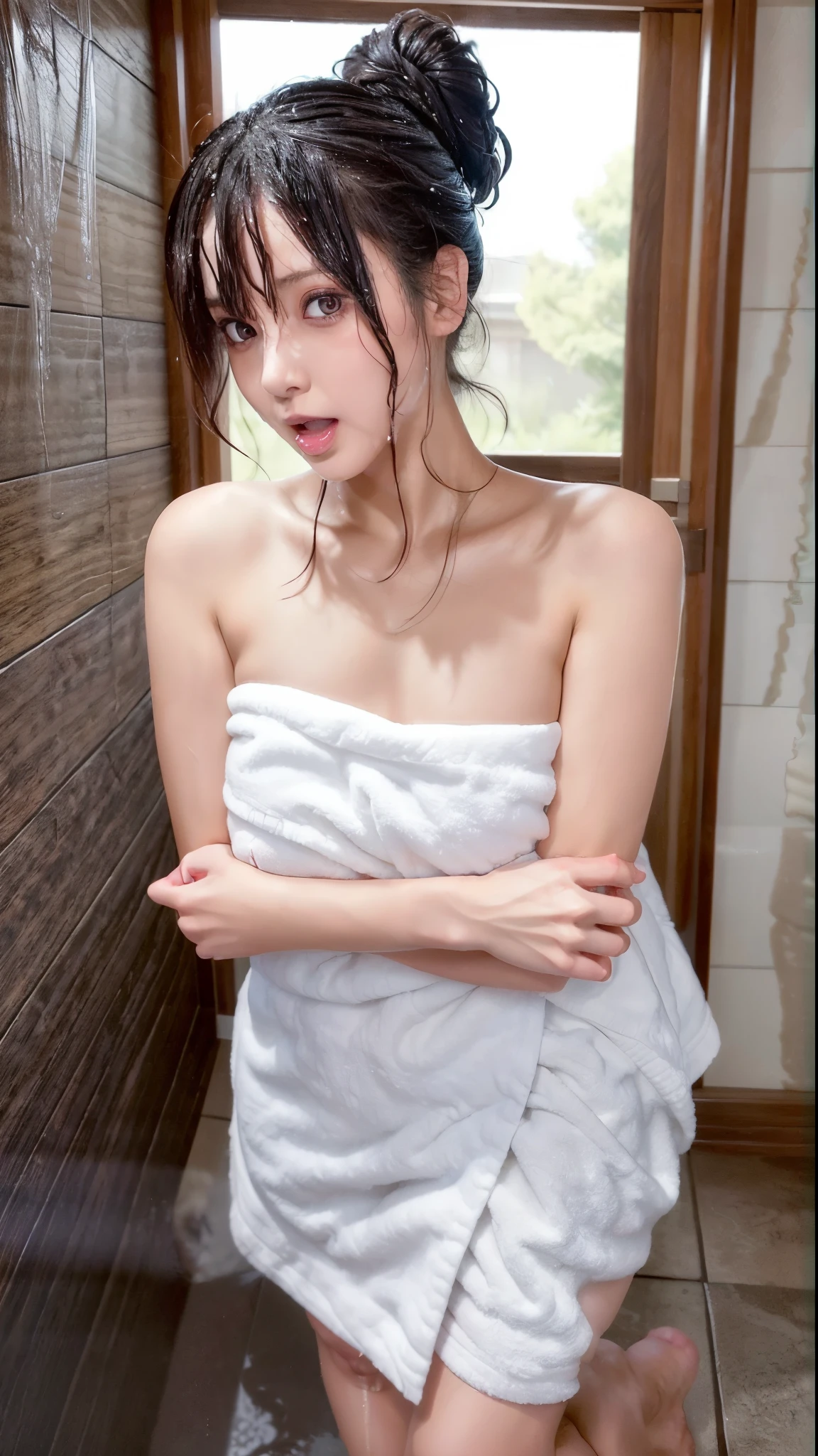 masutepiece, Best Quality, hight resolution, 1girl in, Japanese,Dark hair,half updo,(aftershower,team, wrapped in a towel is posing ,woman getting out of the shower wet and naked:1.1),(Surprised:1.6),(Open mouth:1.1),POV,Looking at Viewer,Nipples,Upper body