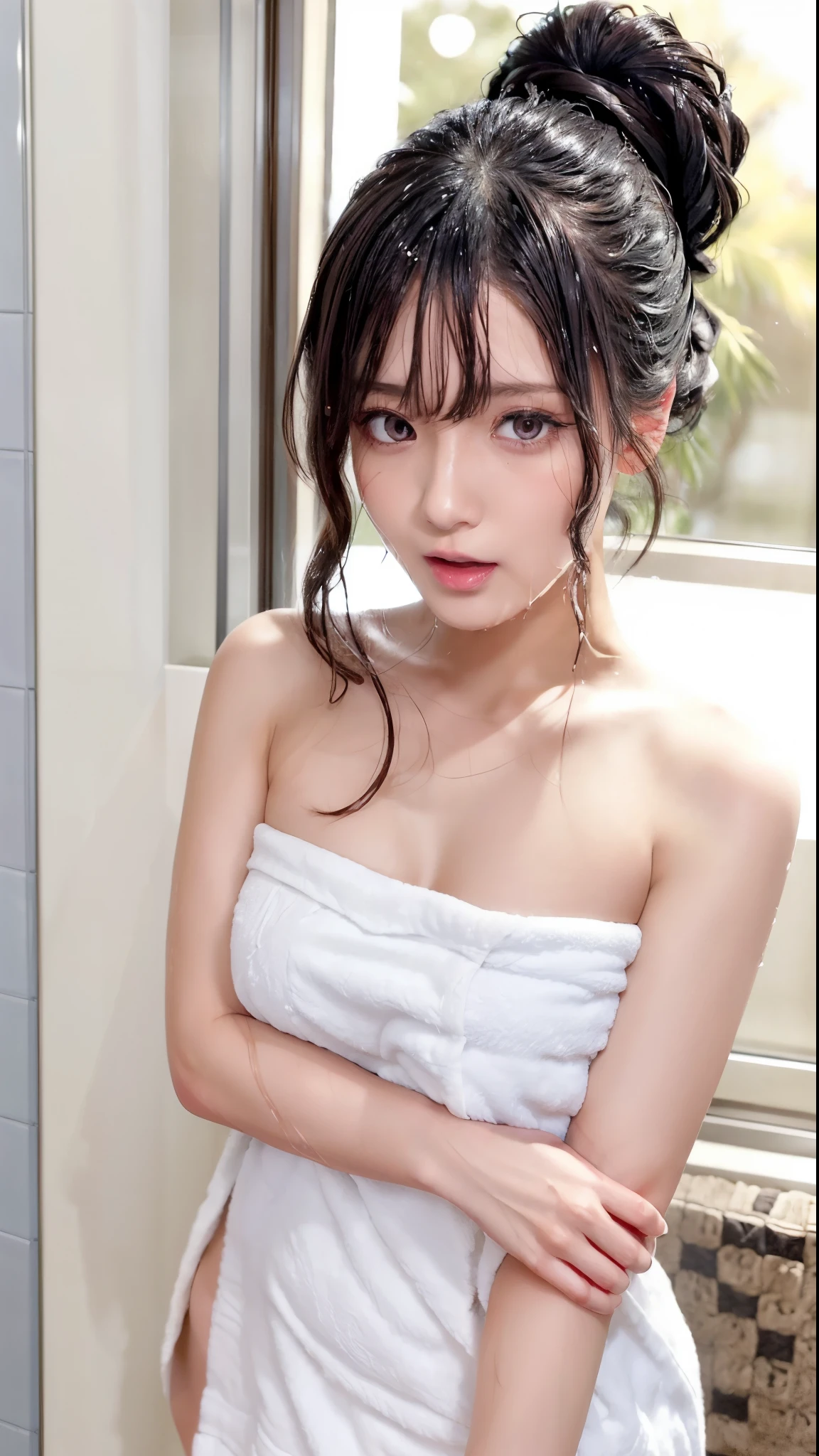 masutepiece, Best Quality, hight resolution, 1girl in, Japanese,Dark hair,half updo,(aftershower,team, wrapped in a towel is posing ,woman getting out of the shower wet and naked:1.1),(Surprised:1.6),(Open mouth:1.1),POV,Looking at Viewer,Nipples,Upper body