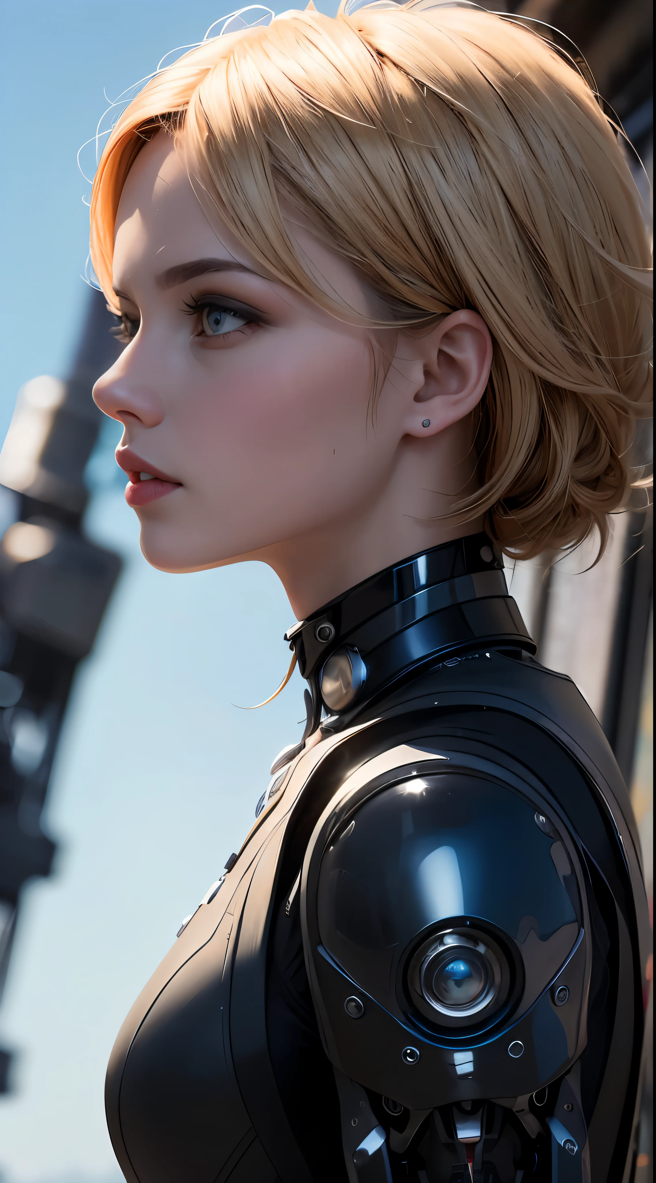 (dentadura da pele:1.5), Realistic, Realistic, (master part:1.5), arte conceitual, detalhes intrincados, altamente detalhado, Realistic, octane rendering, 8k, Motor irreal, dynamic pose, best quality, high resolution, (Realistic face:1.1), (hiper-realismo:1.1), ((cheio_corpo)), olhos perfeitos, (pele brilhante: 1.2), (((penteado))), (((perfect hand)) ), (Antecedentes muito detalhados), ((Dynamic background) ), ((sol)), (Luz), ((1girl)), Handsome, Robot (((Brilliant mechanical form))), ((Olhos detalhados, olhos de alta qualidade, Rosto de alta qualidade)), (Vestido extremamente complexo), cabelos loiros curtos, sol, sollight, ((dramatizado, profundidade de campo, Bokeh, 4k, lo gothic, freixo, Particle