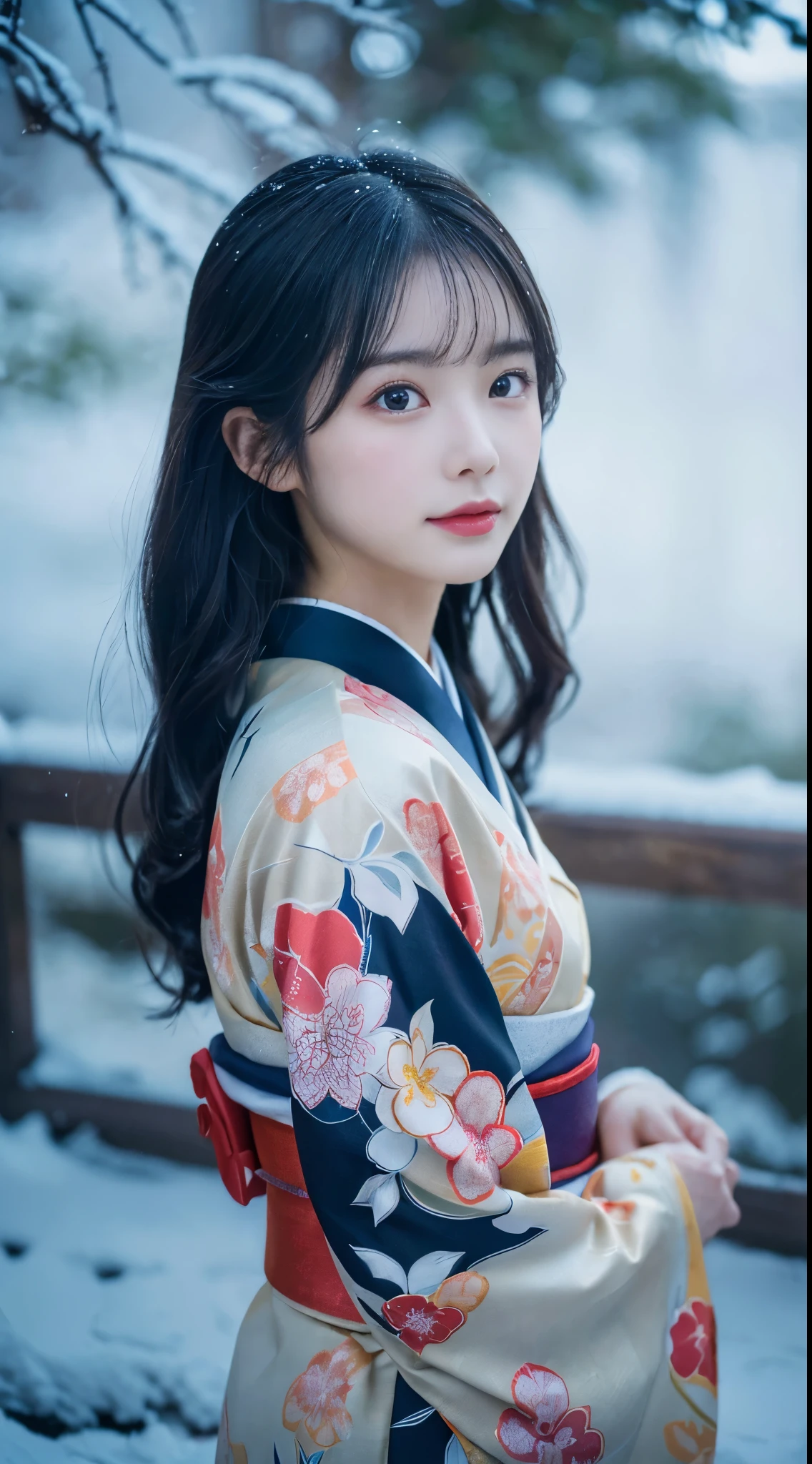 (Kimono)、、(top-quality,masterpiece:1.3,超A high resolution,),(ultra-detailliert,Caustics),(Photorealsitic:1.4,RAW shooting,)Ultra-realistic capture,A highly detailed,high-definition16Kfor human skin、 Skin texture is natural、、The skin looks healthy with an even tone, đùi, Use natural light and color,One Woman,japanes,,kawaii,A dark-haired,Middle hair,(depth of fields、chromatic abberation、、Wide range of lighting、Natural Shading、)、、(Falling snow:1.2)、(Hair swaying in the wind:1.2)、(Snow reflects light:1.2)、back lighting