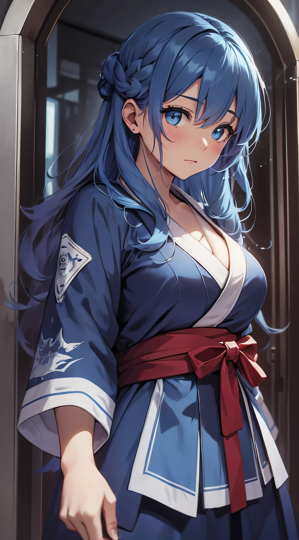 top-quality、Top image quality、masterpiece、s girl((18year old、 Ager、Best Bust、Medium bust,wide open breast tea、light blue eyerest, Black and light blue hair、A slender,Large valleys、dye one's cheeks red、disheveled black yukata、stand up、Being drunk、Bright red in the face、Disheveled clothes、wave her hand、goodbye)),hiquality、Beautiful Art、Background with((In front of the inn entrance))masutepiece、depth of fields、movie、