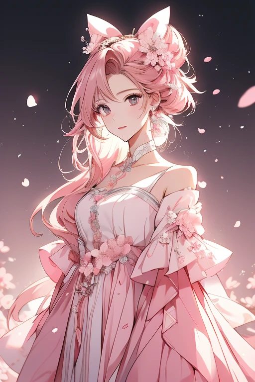 1 anime girl  cherry blossom-themed attire, with hints of pink and white colors representing the delicate flower petals.Her hair might be styled in a way that resembles cherry blossom petals, with soft pink hues.A distinctive accessory, like a timepiece or an emblem representing time, could adorn her outfit.