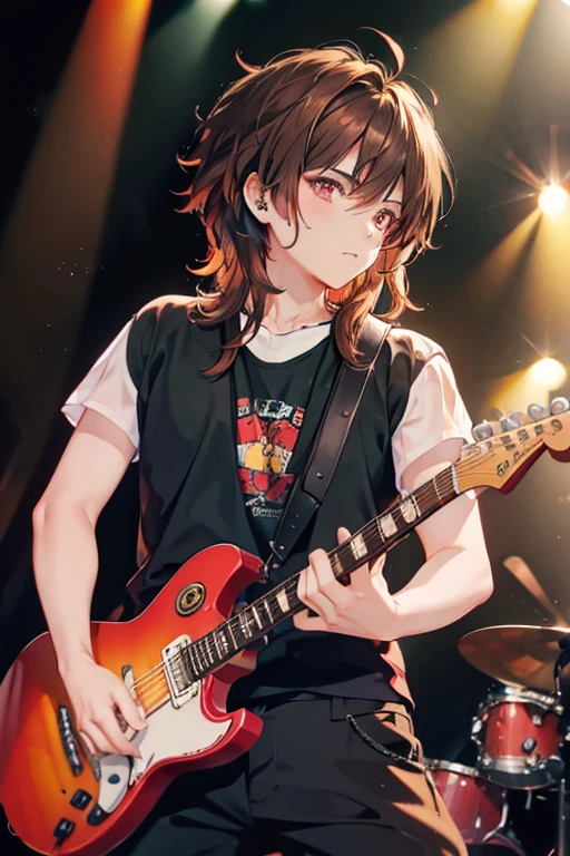 A brown haired handsome male rocker with ruby eyes is playing guitar on the stage