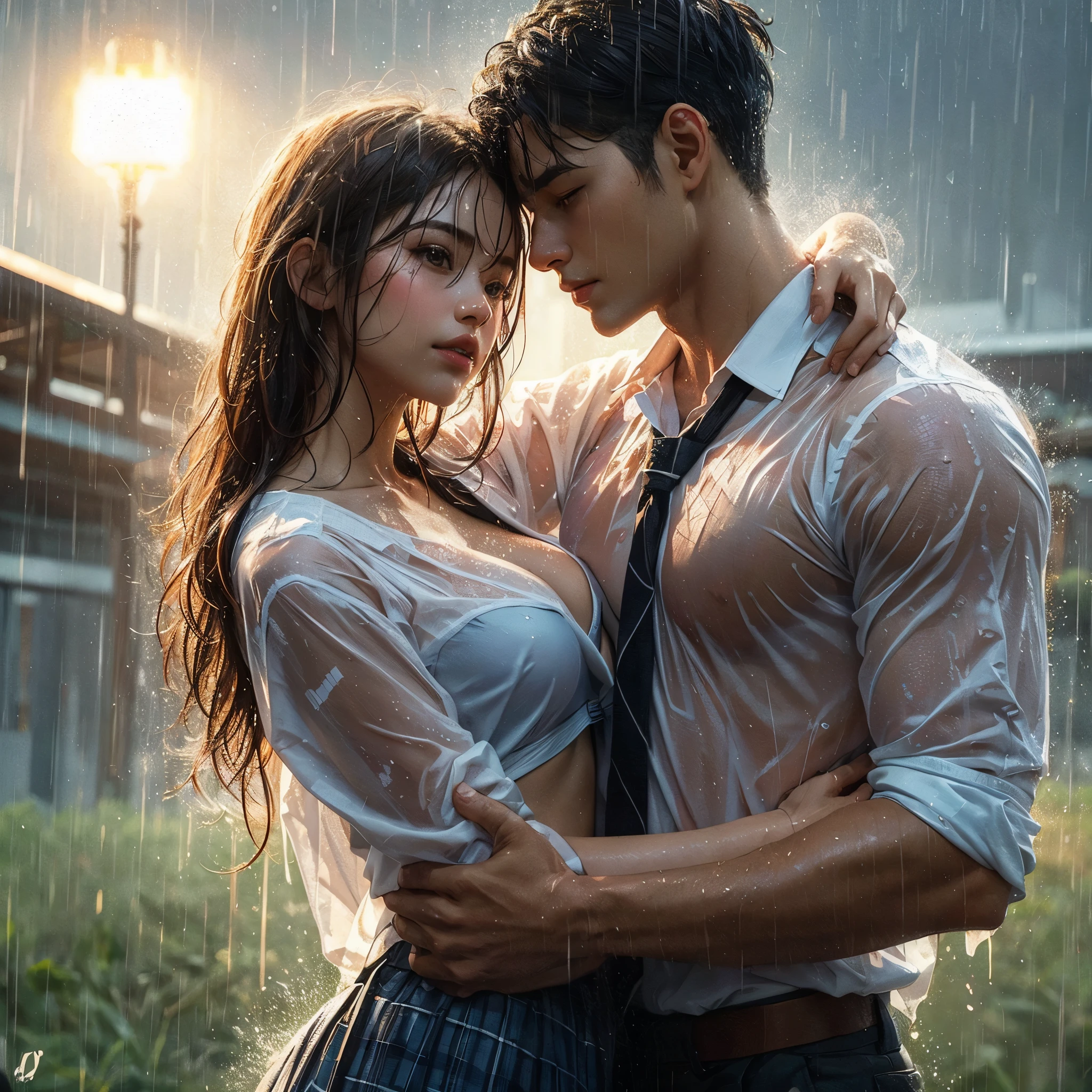 realistic art, there is a woman and her (((handsome muscular short hair masculine alpha male boyfriend))) in a indonesian school uniform hugging in the rain, wet messy shirt, wet skirt, pretty girl at school field, raining, thai girl, raining award winning photo, school girl, at evening, wet from rain, rainy wet, beautifull , hand behind head, masterpiece, best quality:1.2),,(8k,highres,RAW photo,realistic,photo-realistic:1.3),(detailed skin texture,detailed cloth texture,beautiful detailed face:1.25),professional lighting,photon mapping,beautiful soft light,radiosity,physically-based rendering,raytracing, model shoot style, model shoot style, (extremely detailed CG unity 8k wallpaper), full shot body photo of the most beautiful artwork in the world,