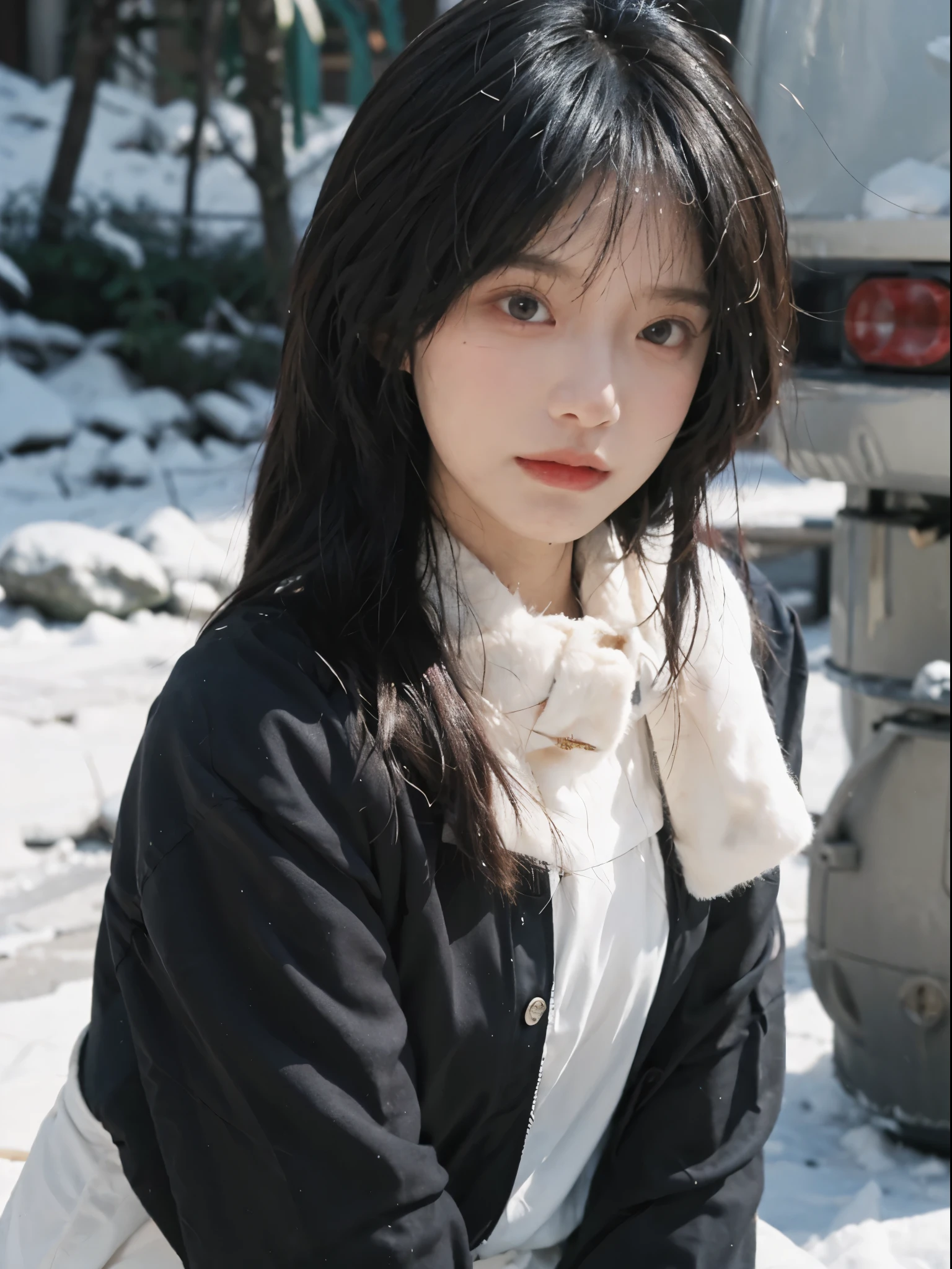 best qualtiy， 超高分辨率， （realisticlying：1.4）， Girl， A pair of eyes as clear as snow,Royal sister，Black long straight，Pure girl，校服， looking at viewert， close up ，