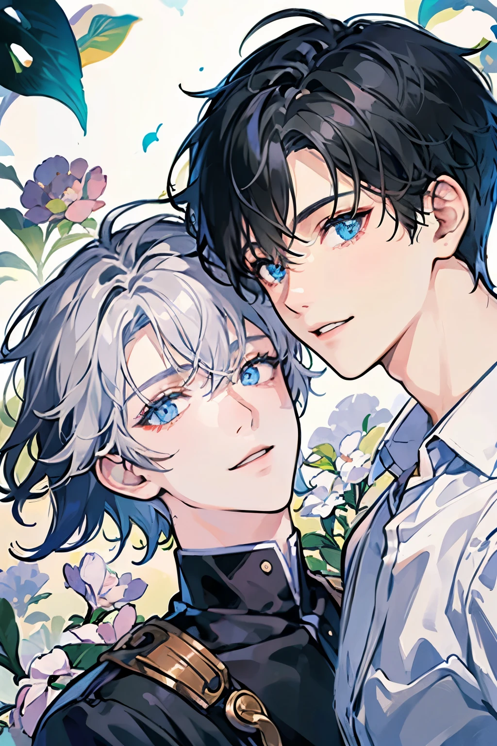 (masutepiece), (Best Quality), Highly detailed, (Two Boys:1.4), Focus,Perfect face, Beautiful face, extra detailed face,(blue eyess:1.3),florals,butterflys々,floralsびら,optic,(a smile:1.3),(Black-haired boy:1.4),(White-haired boy:1.4)