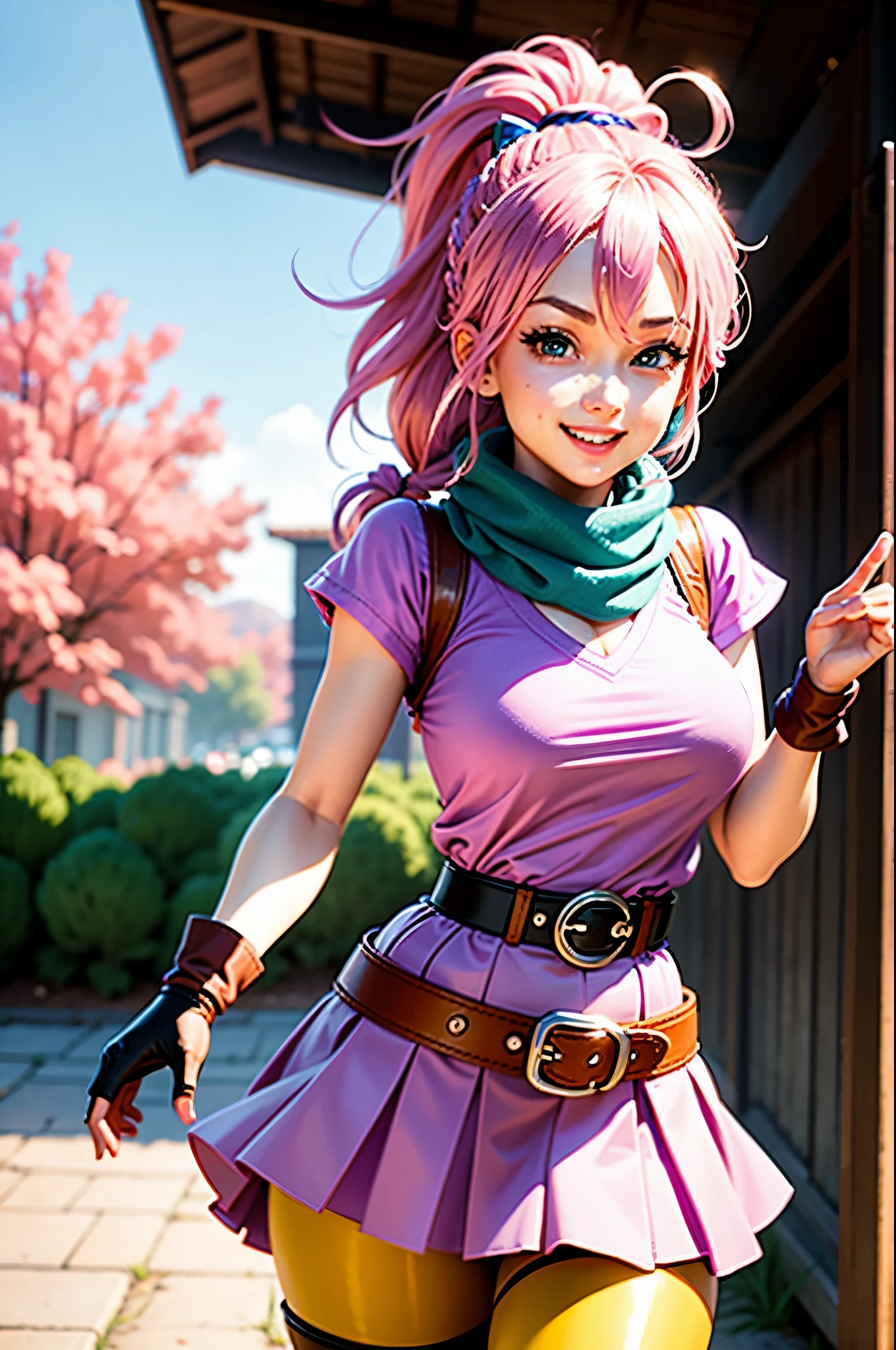 masterpiece, best quality, highres, dragon ball, blmpony, aqua hair, hair ribbon, braided ponytail, pink shirt, belt, scarf, pink skirt, clothes writing, brown gloves, medium breasts, outdoors, cowboy shot, waving, smile