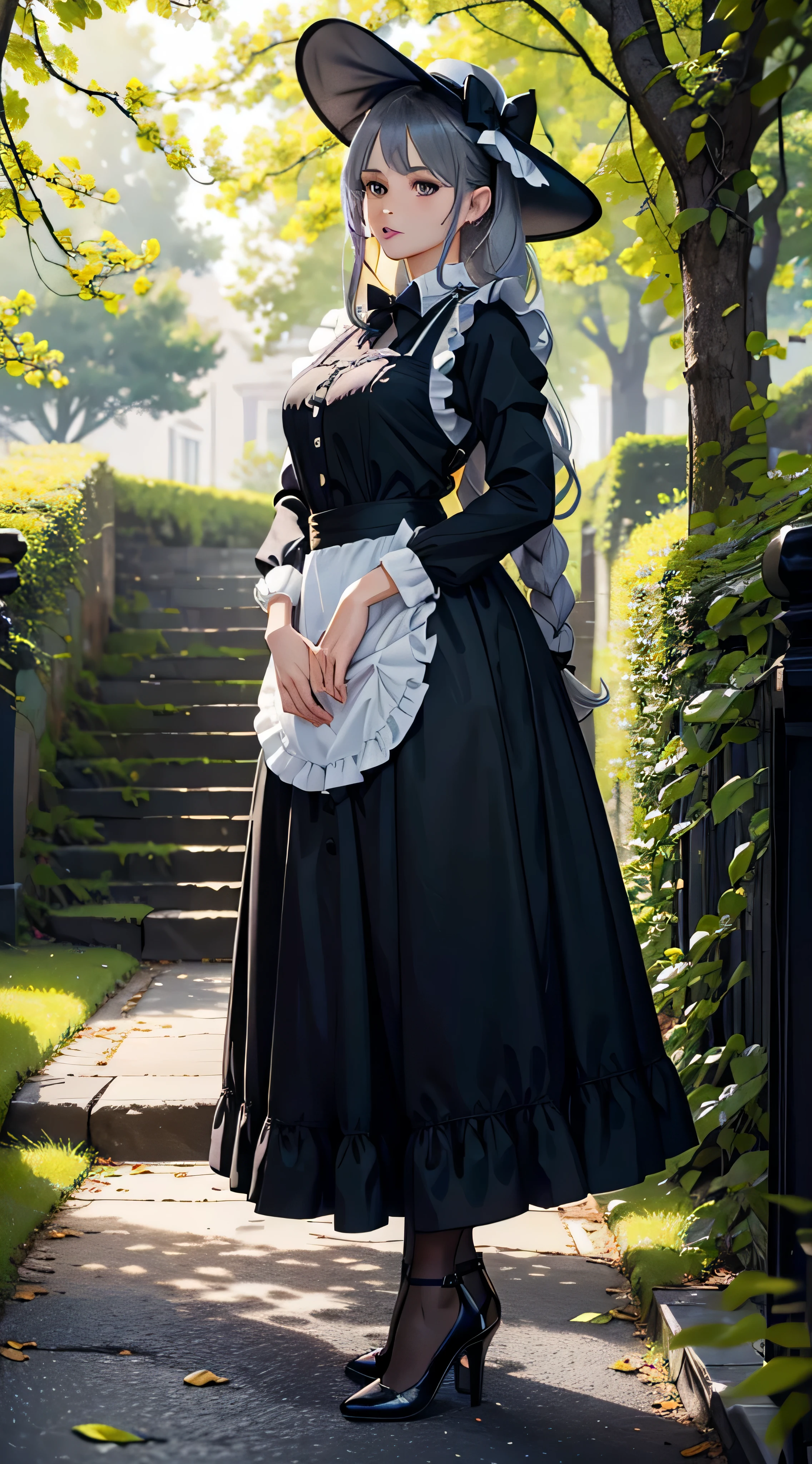 (best quality,4k,highres,masterpiece:1.2),ultra-detailed,(realistic,photorealistic,photo-realistic:1.37),GrayfiaLucifuge_NDV,1girl,beautiful detailed eyes,beautiful detailed lips,extremely detailed eyes and face,longeyelashes,grey hair,long wavy grey hair,grey eyes,pale skin,twin braids,maid suit,black and white maid suit,white frilly apron,maid hat,black ribbon maid hat,long blue dress,black lacy details,big black bow in the back,black stockings,high heels,black high heels,faint smile,elegant pose,regal and confident standing,tall slender figure,beautiful scenery,floral garden background,vivid colors,lush green grass,colorful flowers blooming,leading path with stone steps,soft sunlight, warm golden glow,light filtering through tree leaves,peaceful and tranquil atmosphere