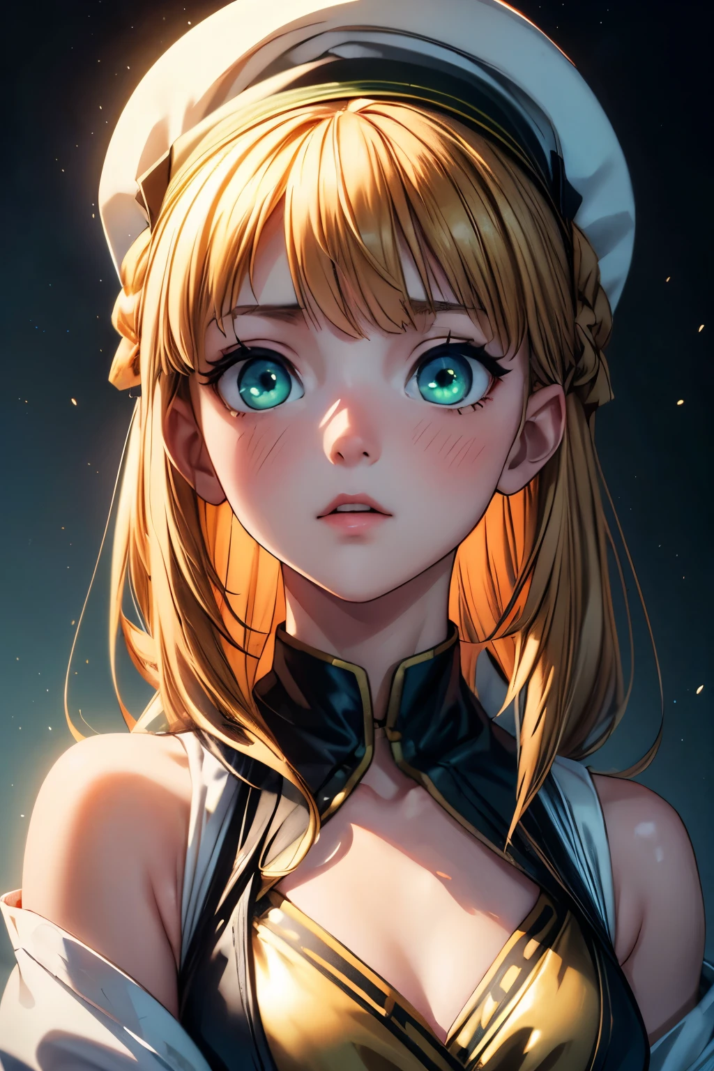(One girl、Dressed in a dress and hat, girls' frontline, Midsummer themed costumes, multilayered outfit,Dressed, Mid summer、Soio、Top image quality, Transverse conveying,Half-length picture,largeeyes,eye closeup,(with short golden hair),(Green eyes),hair scrunchie,small thighest qualtiy, (stocklings,Elaborate Eyes, head looking up,Reasonable body structure,Young,Extremely detailed face, Perfect lighting, Extremely detailed CG, (Perfect hands, Perfect anatomy)