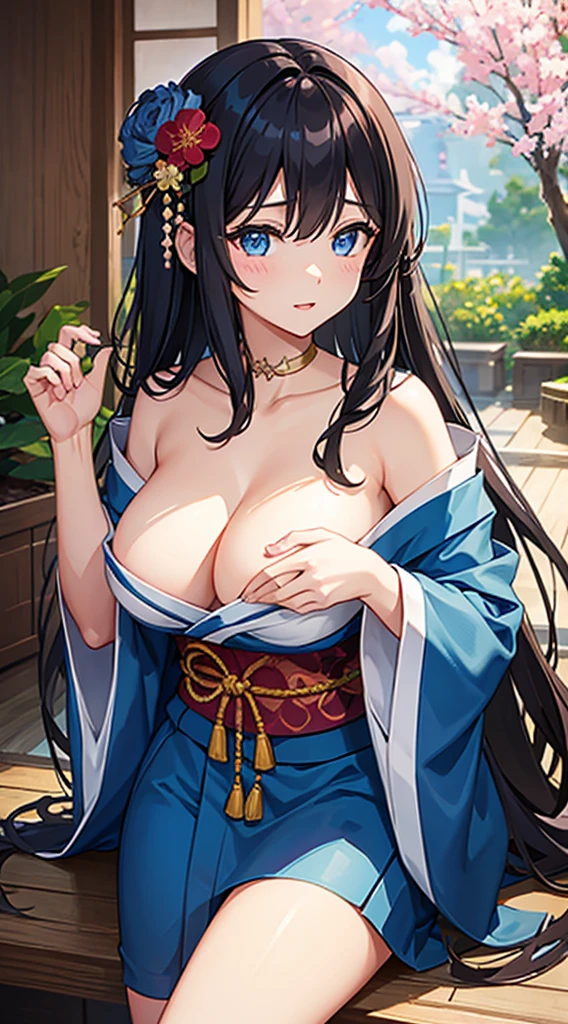 A dark-haired、Long hair that goes down to the waist、Blue eyes、Blue kimono、Beautiful woman with big breasts、Japan garden in the background、
