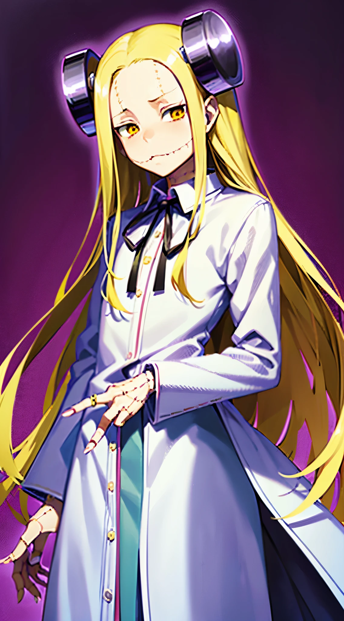 Madaraki_Fran,A girl ,stands,awkward,the madhatter ,white robe ,wrinkles,concerned,((bites his finger)), hairlong , yellow hair,seams , Scars on the body , A creepy look , scary eyes , An intimidating look , creepy smile , bags under eyes, ((((nervous))))