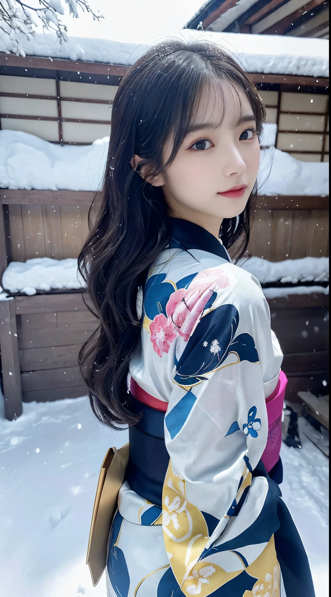 (Kimono)、、(top-quality,masterpiece:1.3,超A high resolution,),(ultra-detailliert,Caustics),(Photorealsitic:1.4,RAW shooting,)Ultra-realistic capture,A highly detailed,high-definition16Kfor human skin、 Skin texture is natural、、The skin looks healthy with an even tone, đùi, Use natural light and color,One Woman,japanes,,kawaii,A dark-haired,Middle hair,(depth of fields、chromatic abberation、、Wide range of lighting、Natural Shading、)、、(Falling snow:1.2)、(Hair swaying in the wind:1.2)、(Snow reflects light:1.2)、back lighting