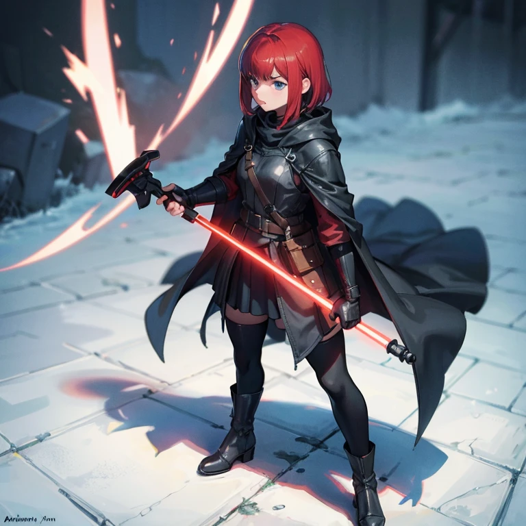 Maisie Williams, she is a Sith, dressed in a black cloak, holding a red lightsaber in her right hand.