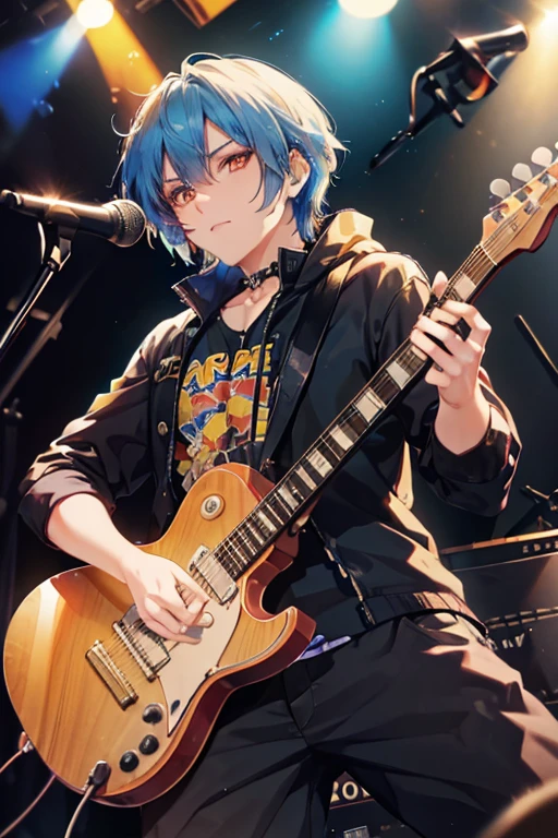 A blue haired handsome  dragon man male rocker with golden eyes and golden horns  is playing guitar on the stage