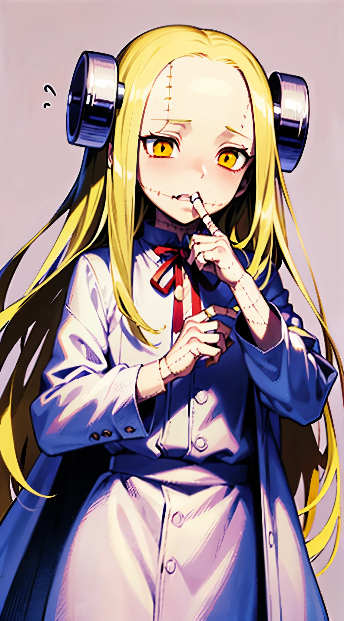 Madaraki_Fran,young woman ,the madhatter ,white robe ,wrinkles,concerned,((embarrassed)), long hair,(((HORNY)) , yellow hair,seams , Scars on the body , A creepy look , scary eyes , An intimidating look , creepy smile , bags under the eyes, ((((steam from the mouth))))